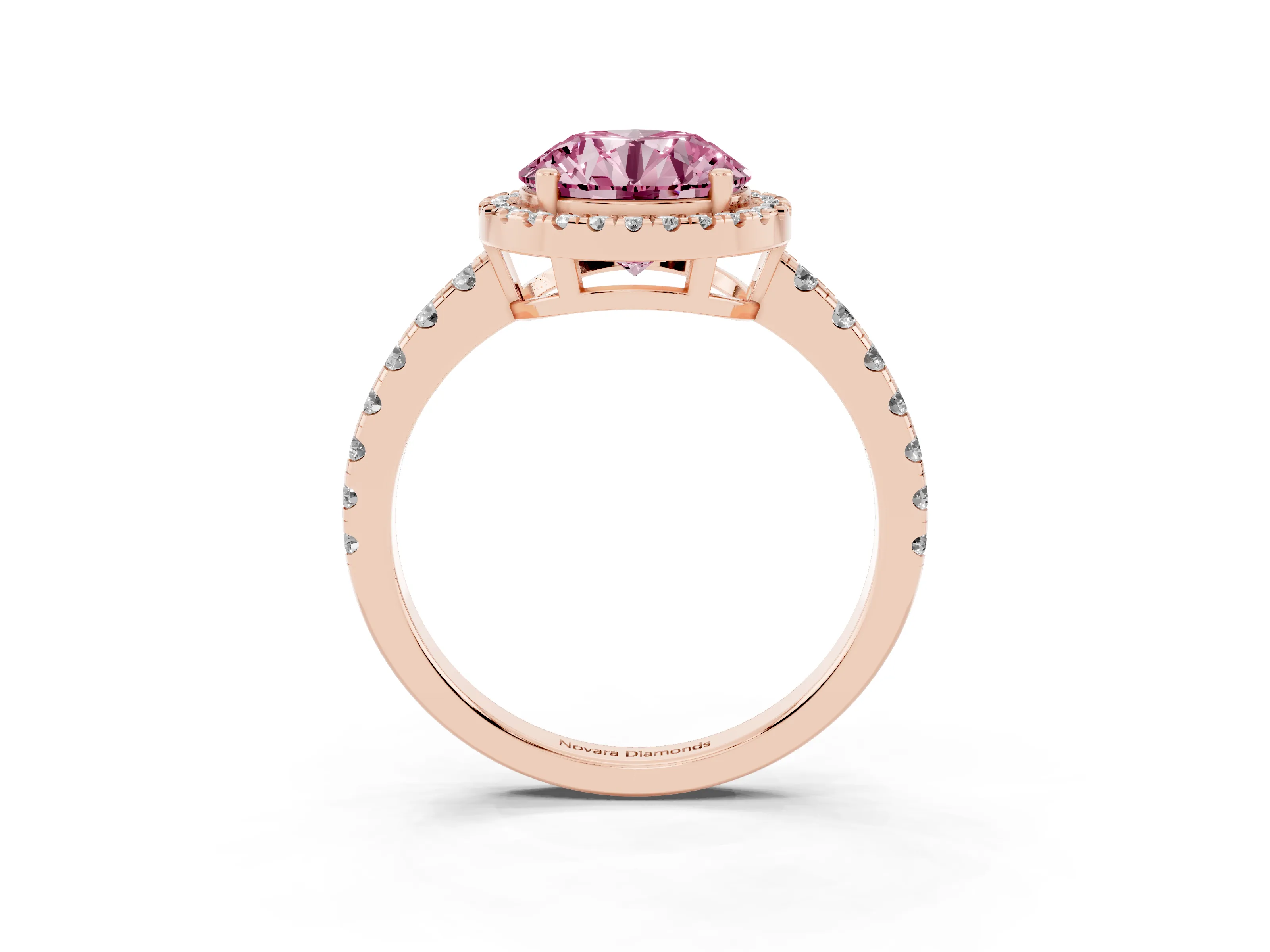 Fancy Pink Round Cut Diamond Halo Ring Set in Rose gold with Delicate Pavé Band and Prong Setting