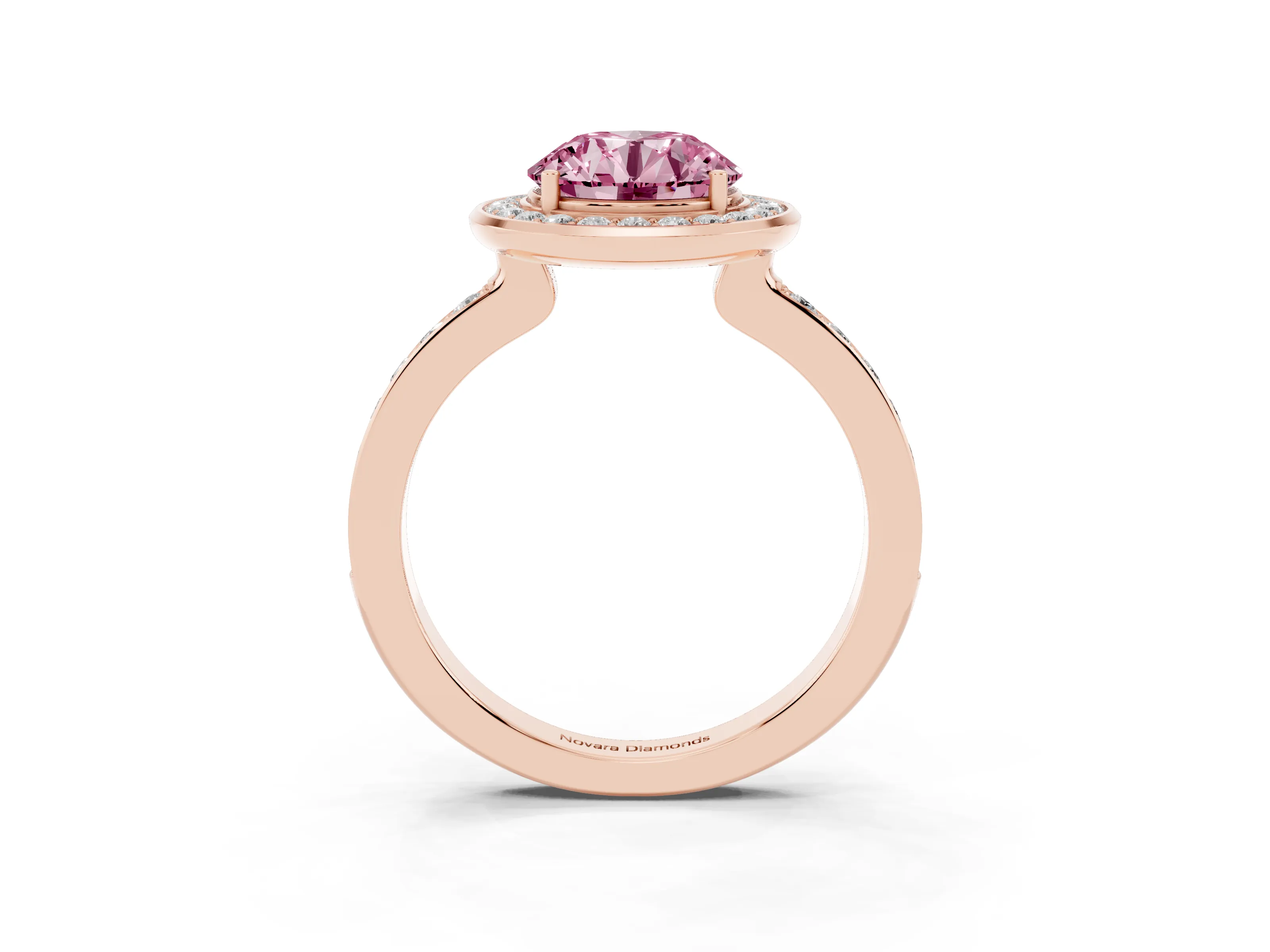 Fancy Pink Round Cut Diamond Halo Ring Set in Rose gold with Bezel Frame and Pavé Band