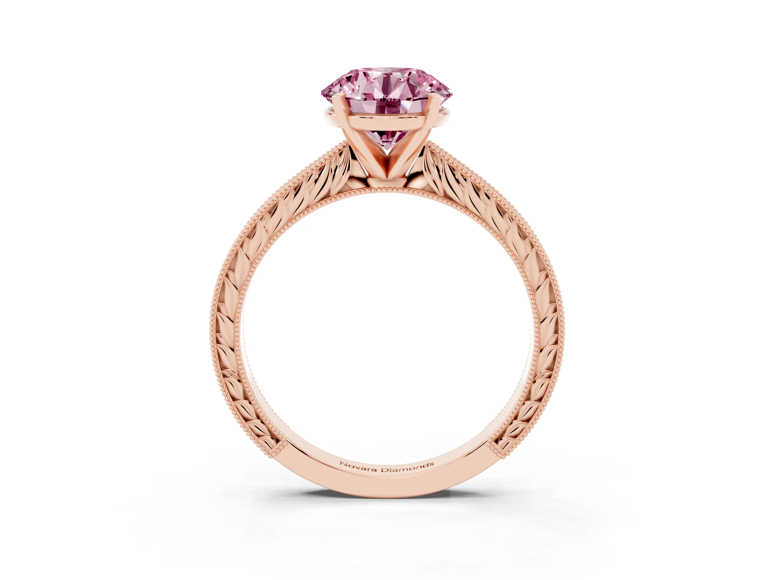 Fancy Pink Round Cut Diamond Solitaire Milgrain Engraved Band Set in Rose gold with Prong Setting