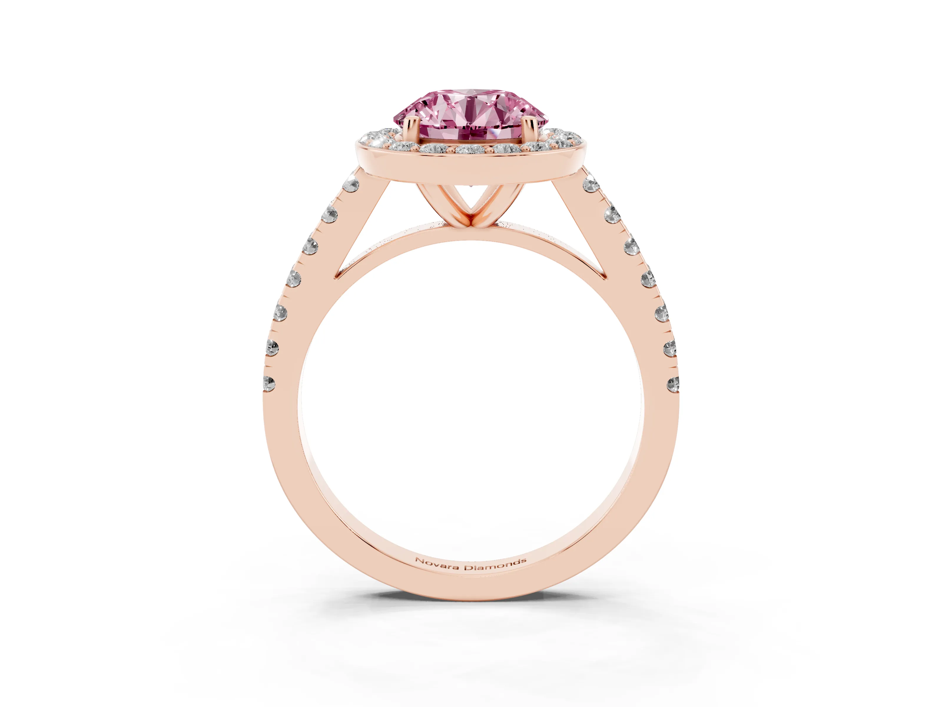 Fancy Pink Round Cut Diamond Halo Ring Set in Rose gold with Round Pavé Split Shank and Prong Setting