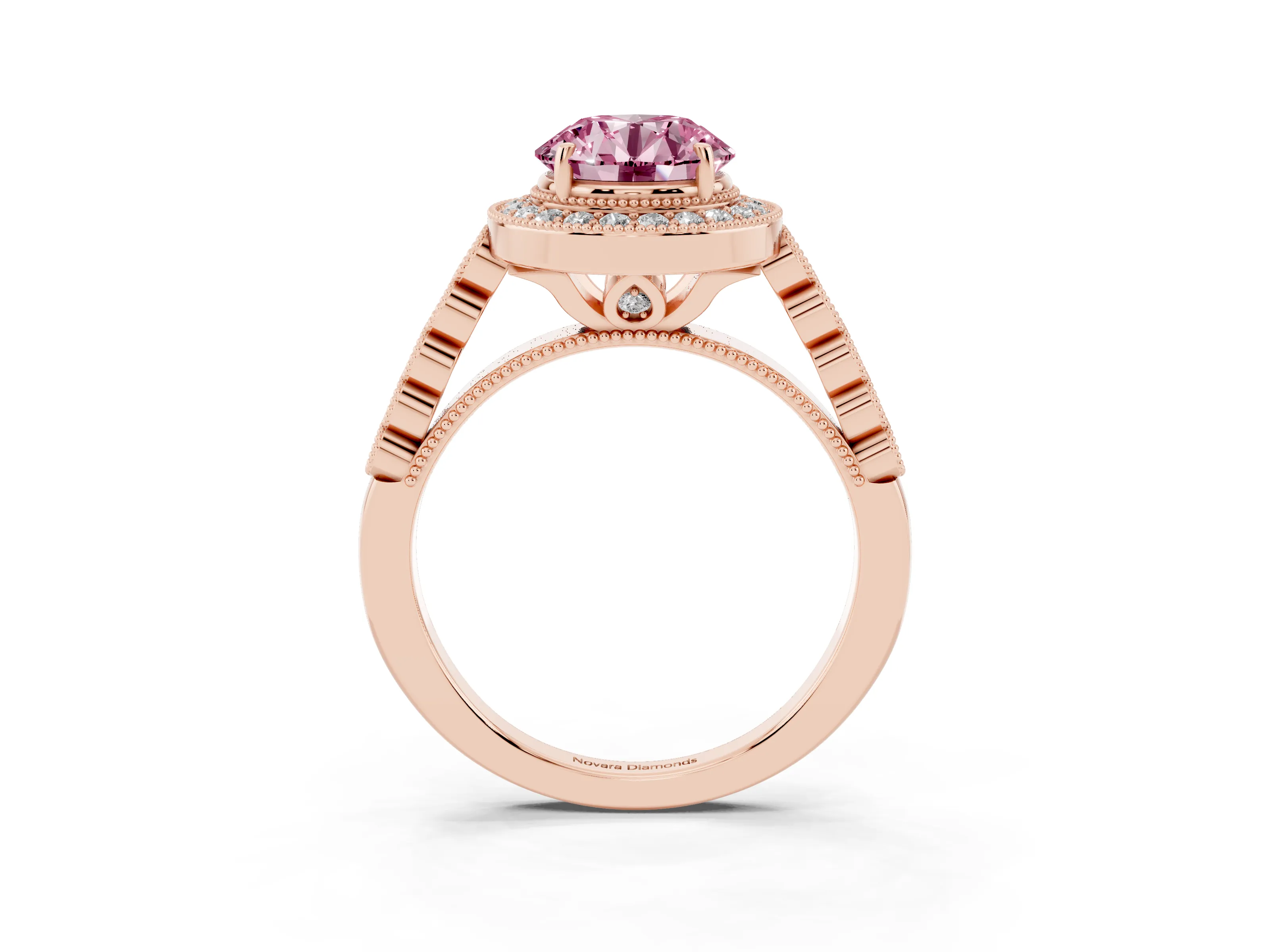 Fancy Pink Round Cut Diamond Milgrain Halo Solitaire Ring Set in Rose gold with Bezel Set Side Stones and Pavé Band