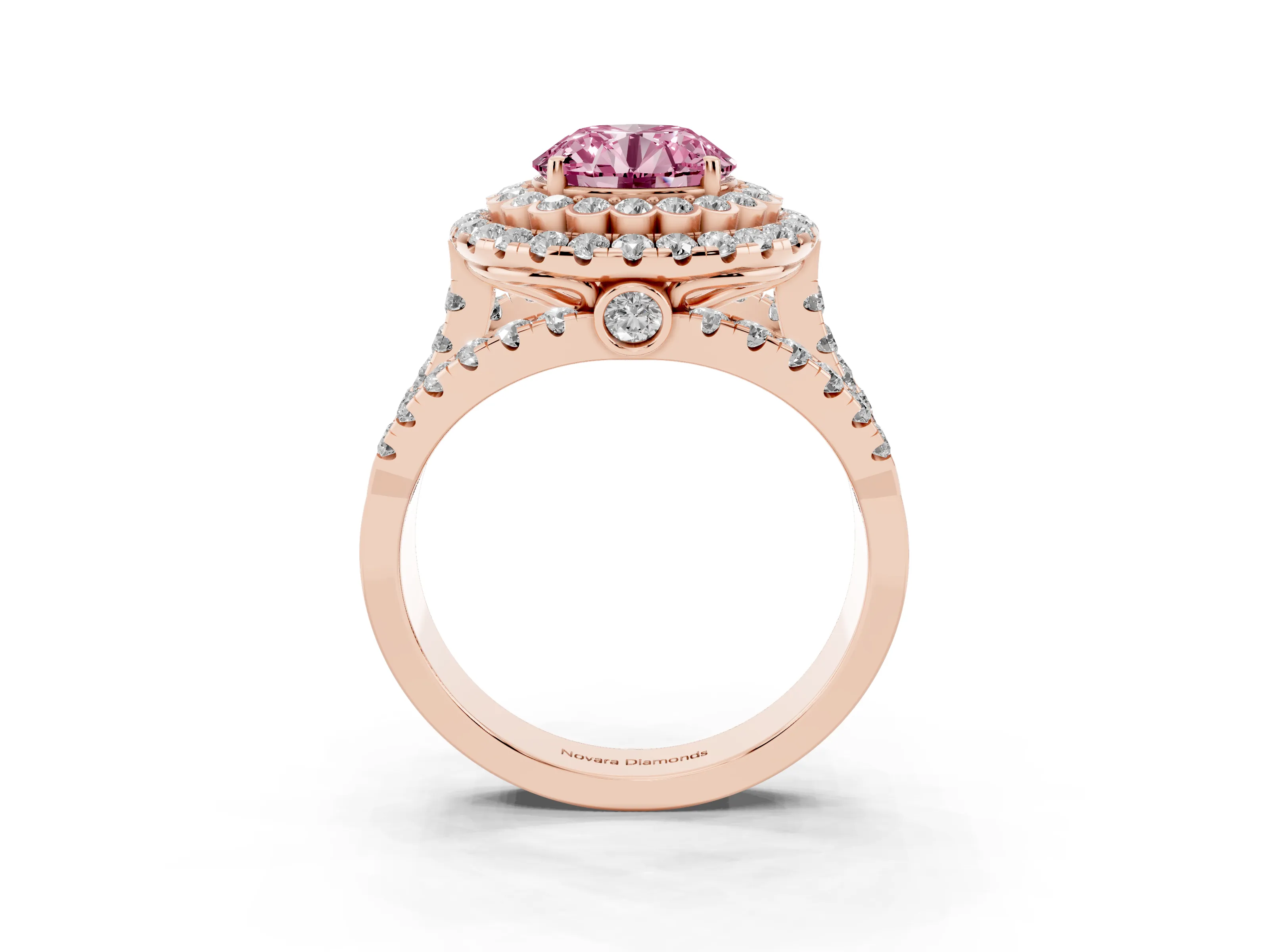 Fancy Pink Round Cut Diamond Double Halo Ring Set in Rose gold with Round Pavé Split Shank