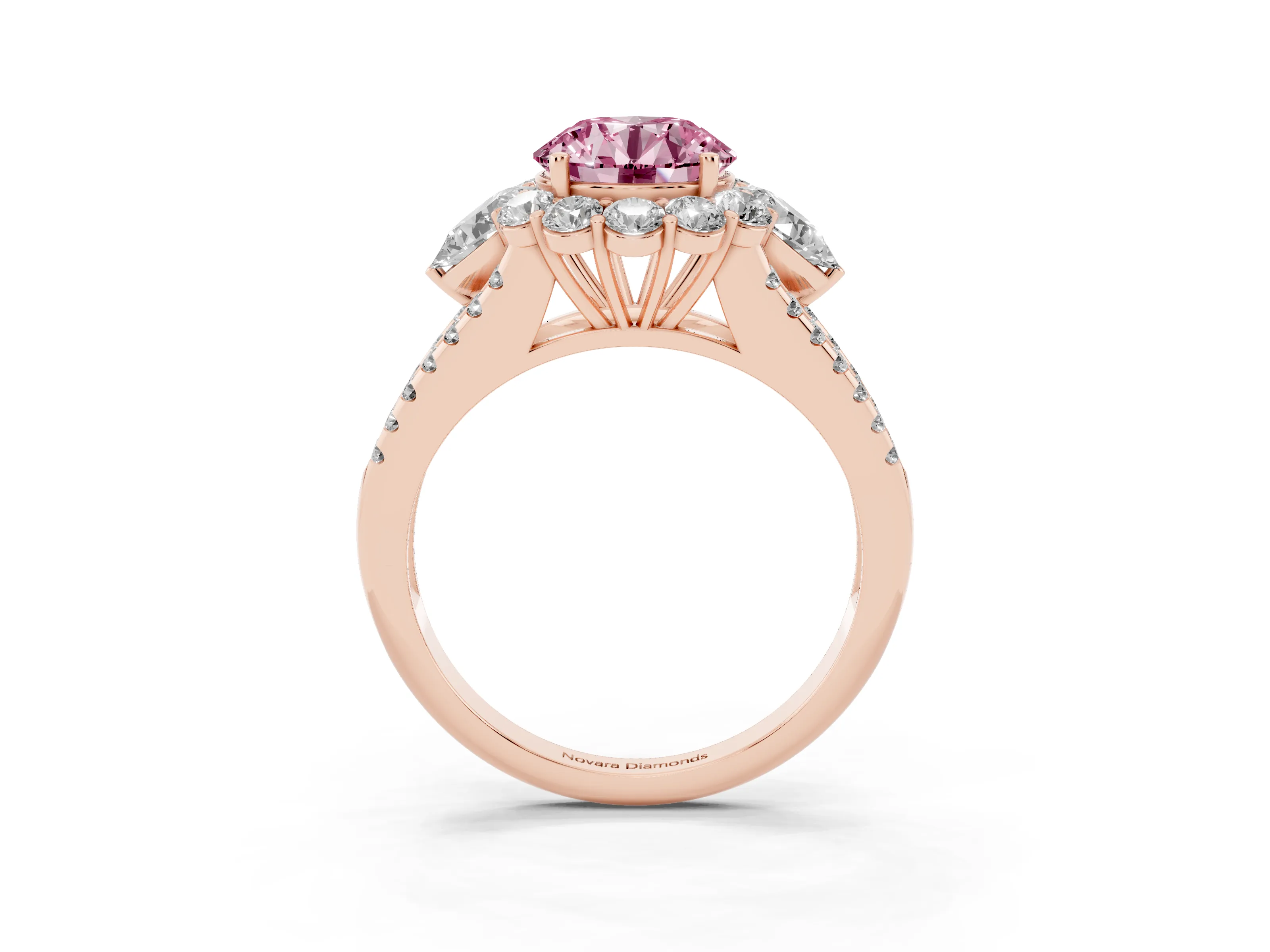 Fancy Pink Round Cut Diamond Halo Split Shank Engagement Ring Set in Rose gold with Prong-Held Center Stone