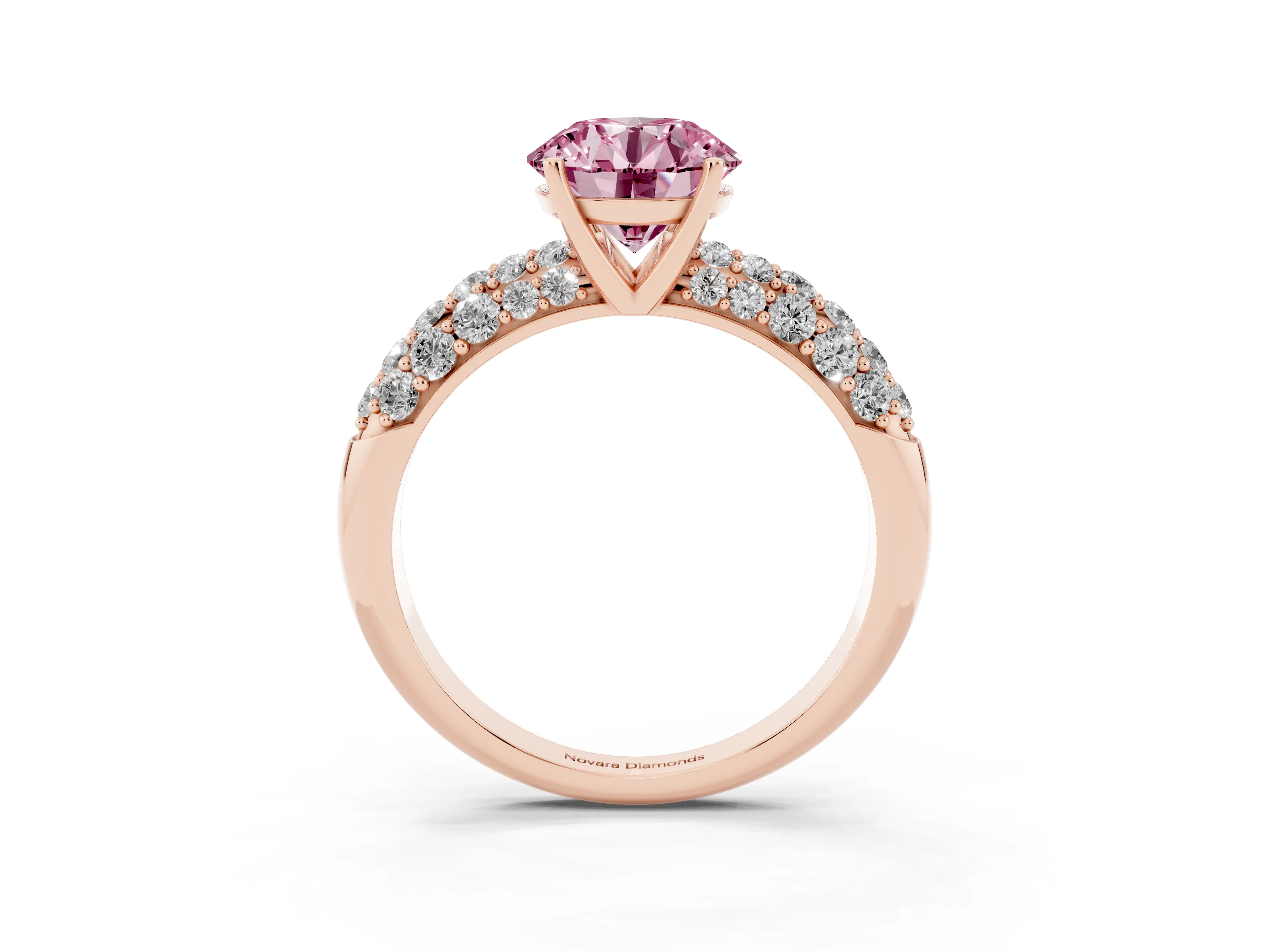 Fancy Pink Round Cut Diamond Pavé Band Solitaire Ring Set in Rose gold with Close-Set Accent Stones and Prong Setting