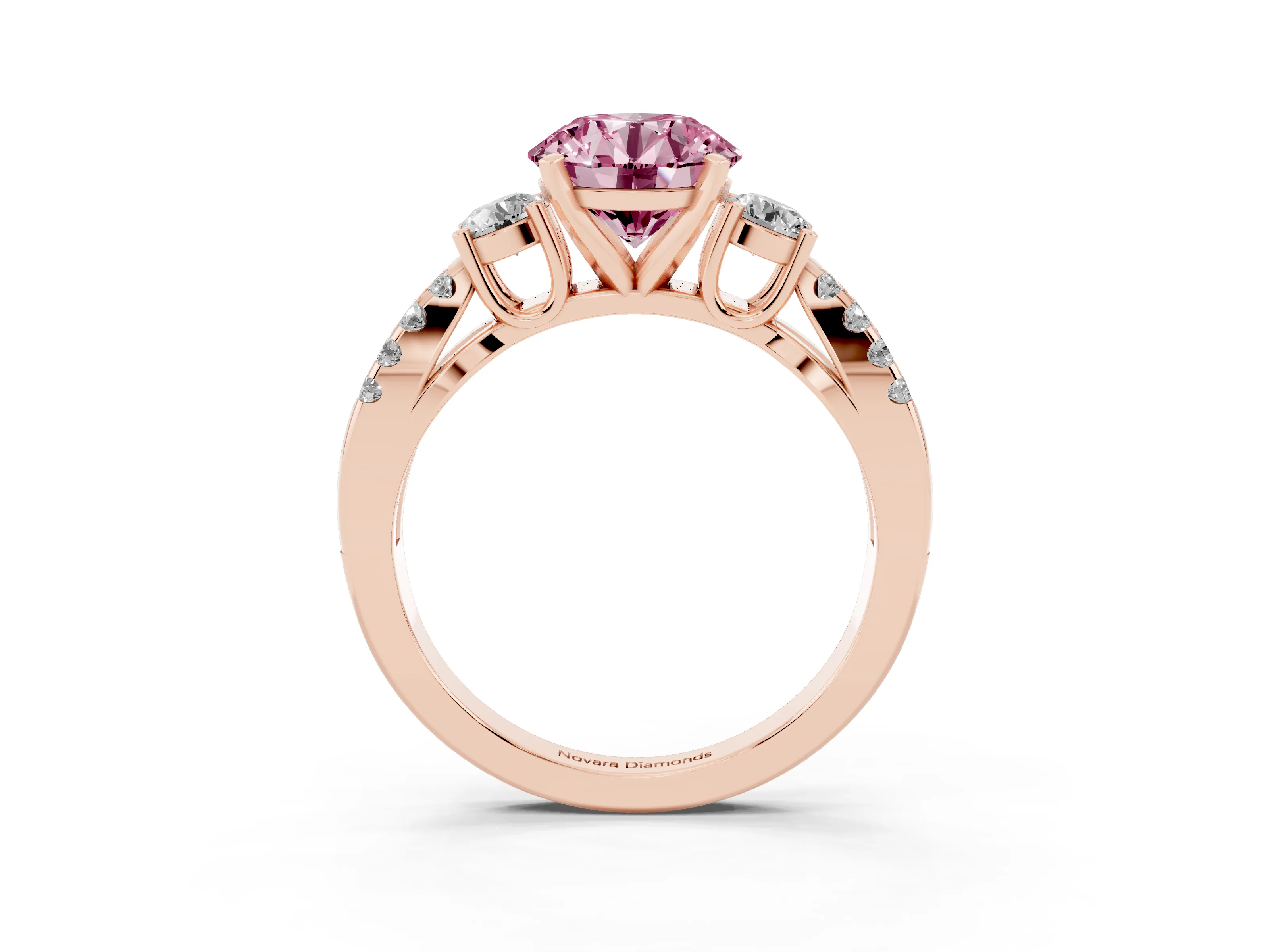 Fancy Pink Round Cut Diamond Three-Stone Ring Set in Rose gold with Pavé Split Shank and Prong Setting