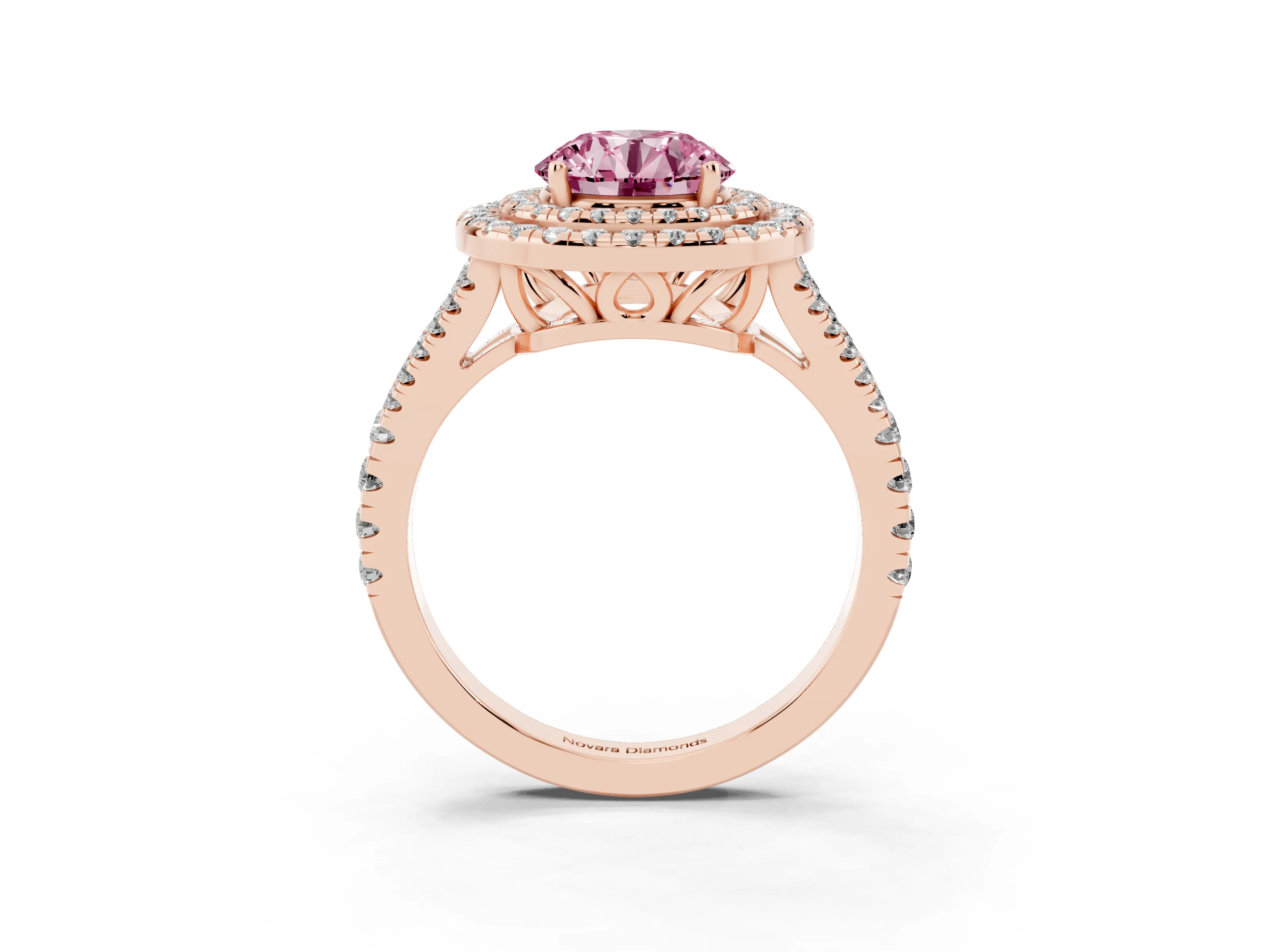 Fancy Pink Round Cut Diamond Double Halo Ring Set in Rose gold with Pavé Band