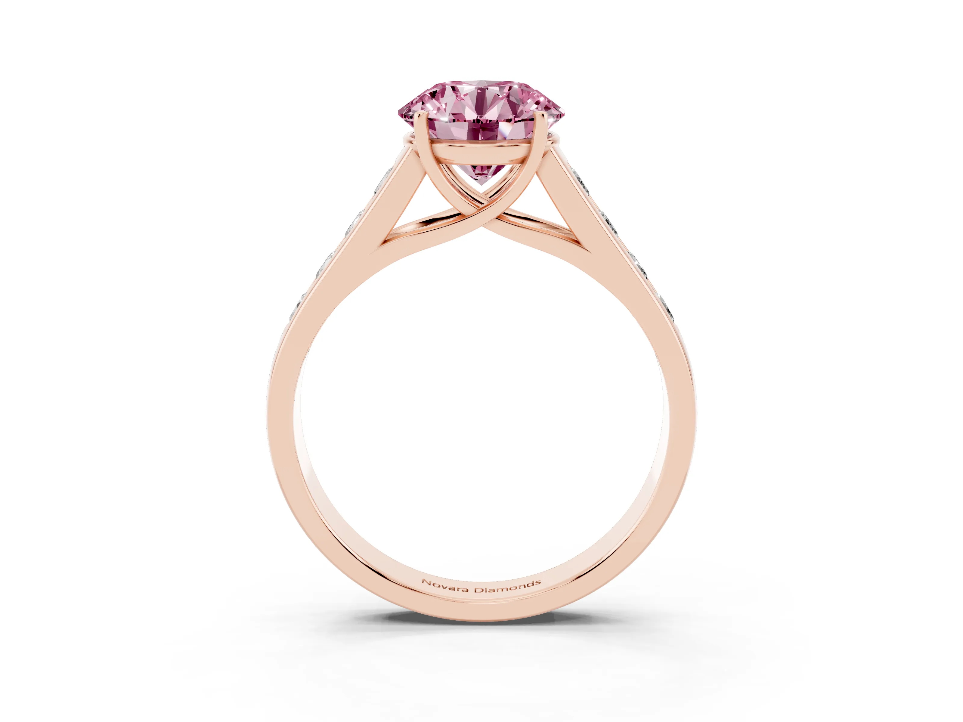 Fancy Pink Round Cut Diamond Solitaire Channel-Set Engagement Ring Set in Rose gold with Prong Setting