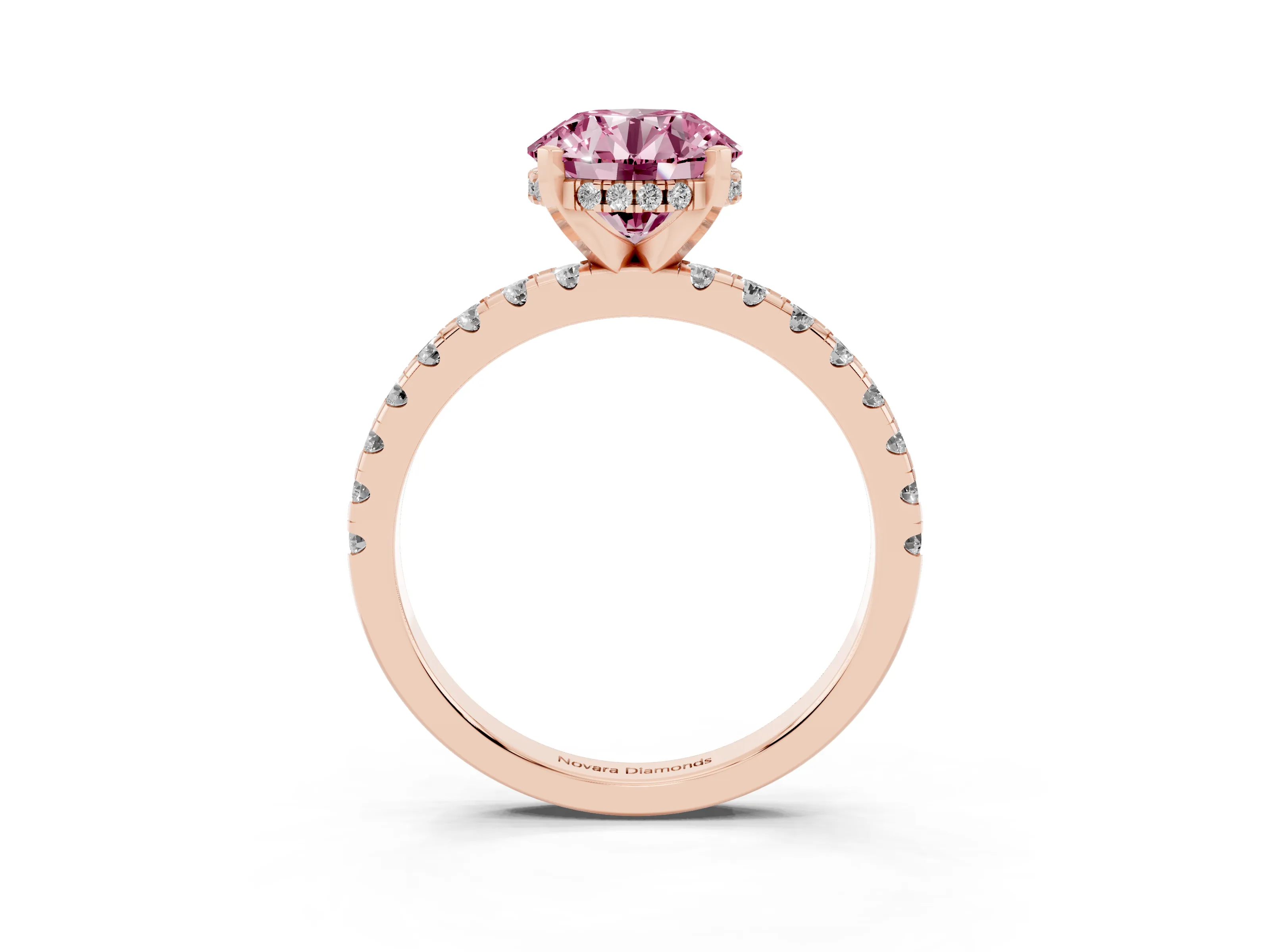 Fancy Pink Round Cut Diamond Pavé Solitaire Ring Set in Rose gold with Round Band Accents and Prong Setting