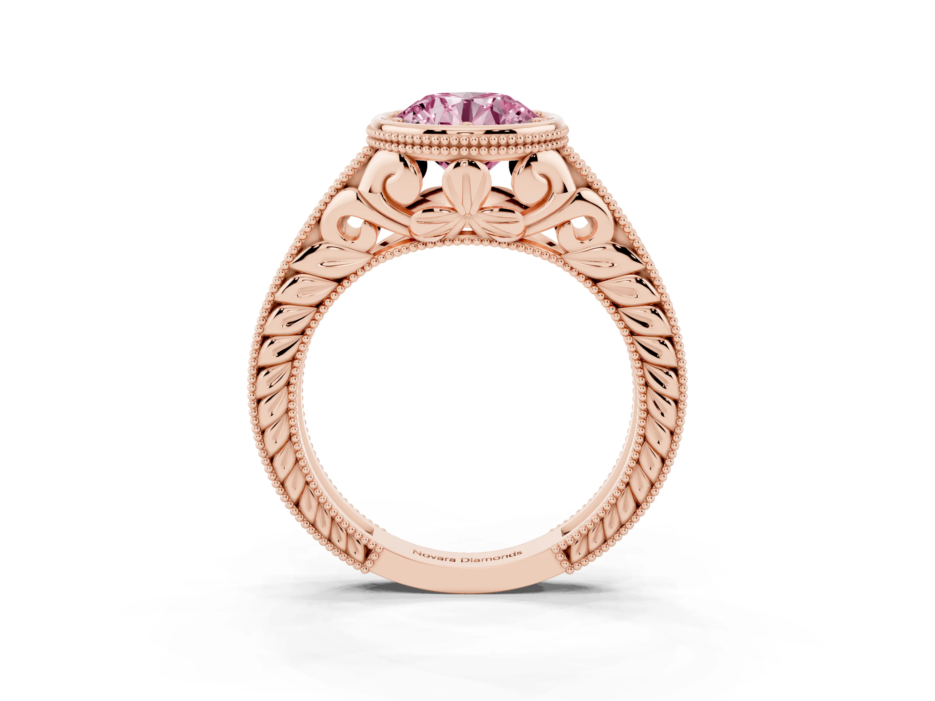 Fancy Pink Bezel Set Round Cut Diamond Milgrain Pavé Engagement Ring Set in Rose gold