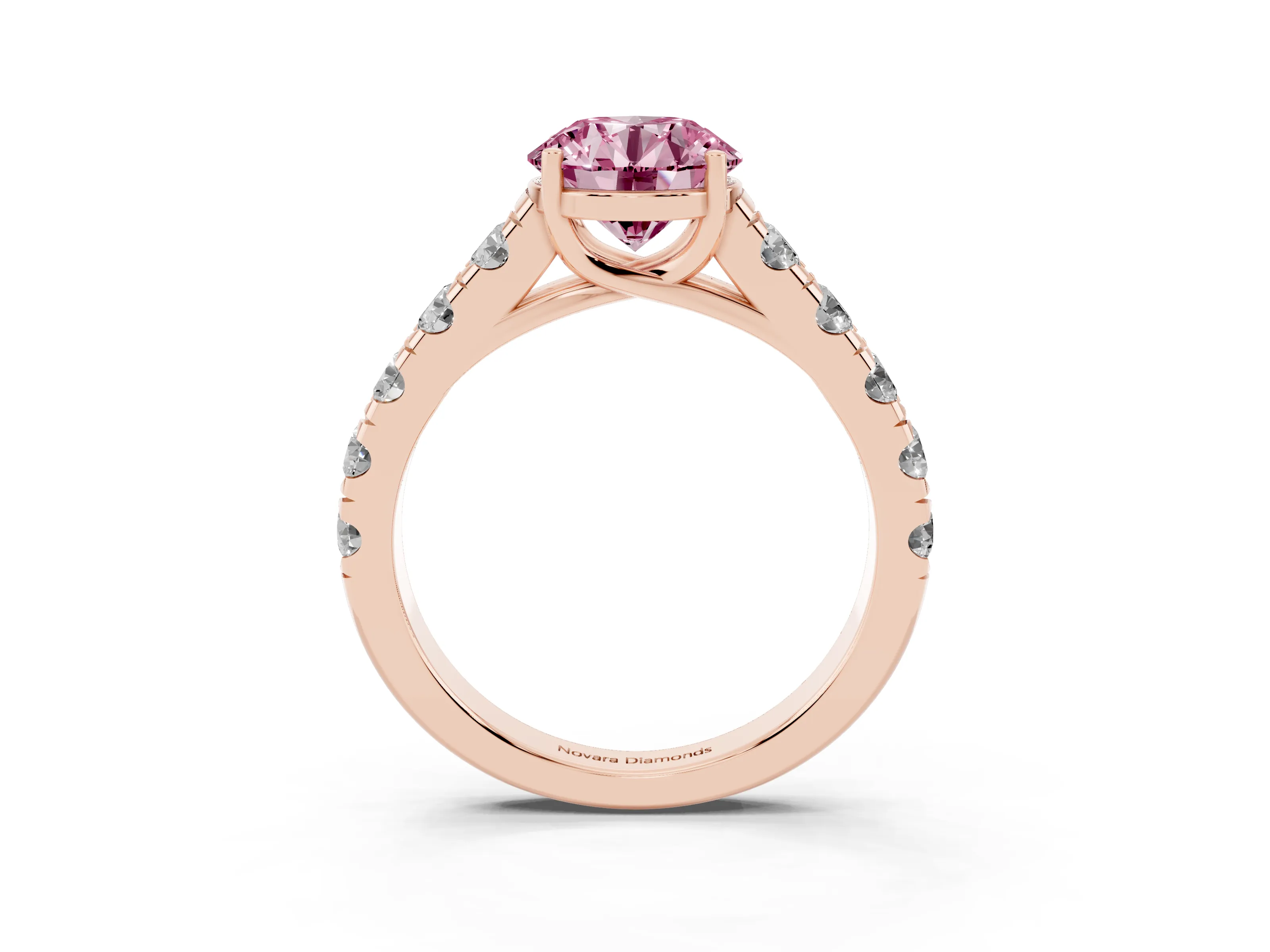 Fancy Pink Round Cut Diamond Solitaire Ring Set in Rose gold with Cut-Down Micro Pavé Band and Prong Setting