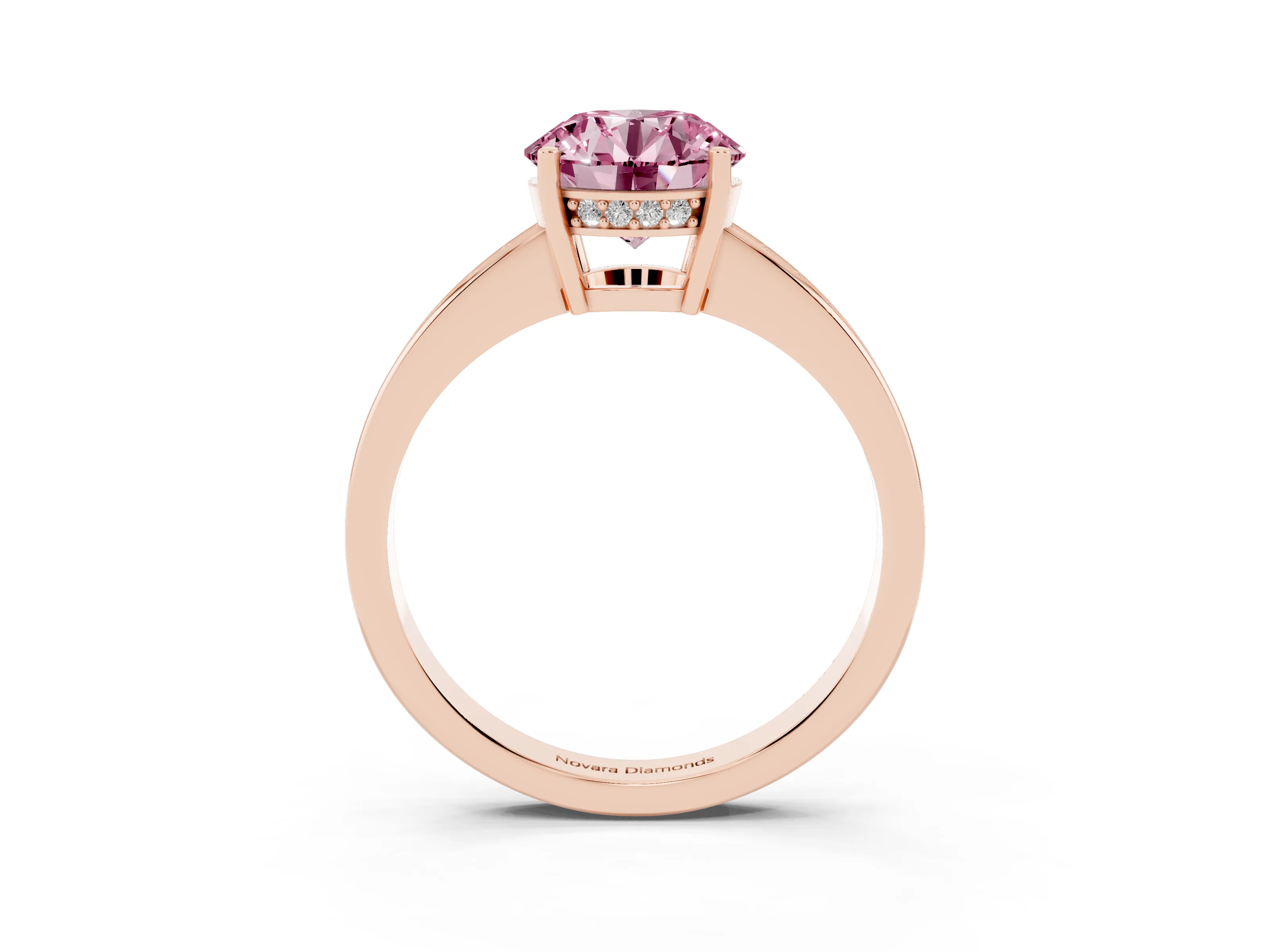 Fancy Pink Round Cut Diamond Pavé Band Prong Set Solitaire Ring Set in Rose gold