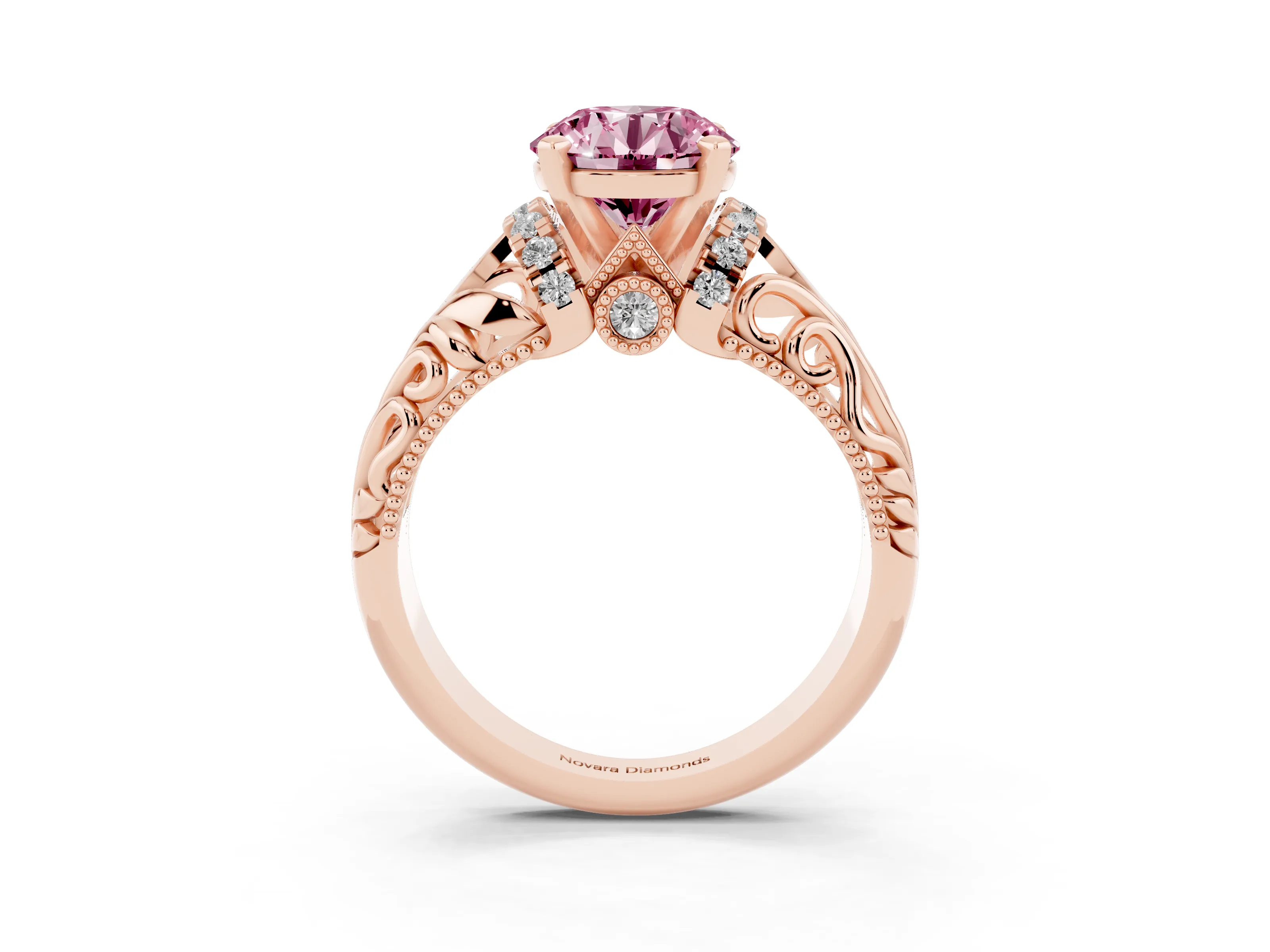 Fancy Pink Round Cut Diamond Filigree Halo Engagement Ring Set in Rose gold with Prong Setting