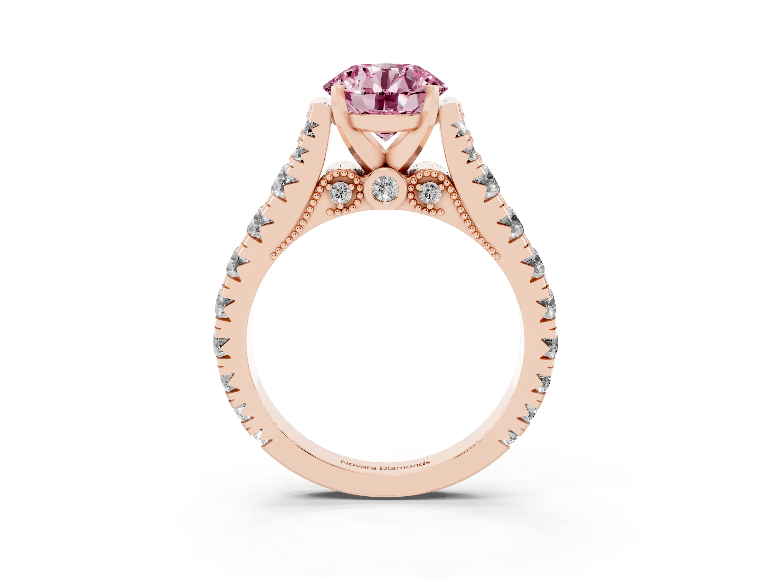 Fancy Pink Round Cut Diamond Classic Solitaire Ring Set in Rose gold with Pavé Band and Prong Setting