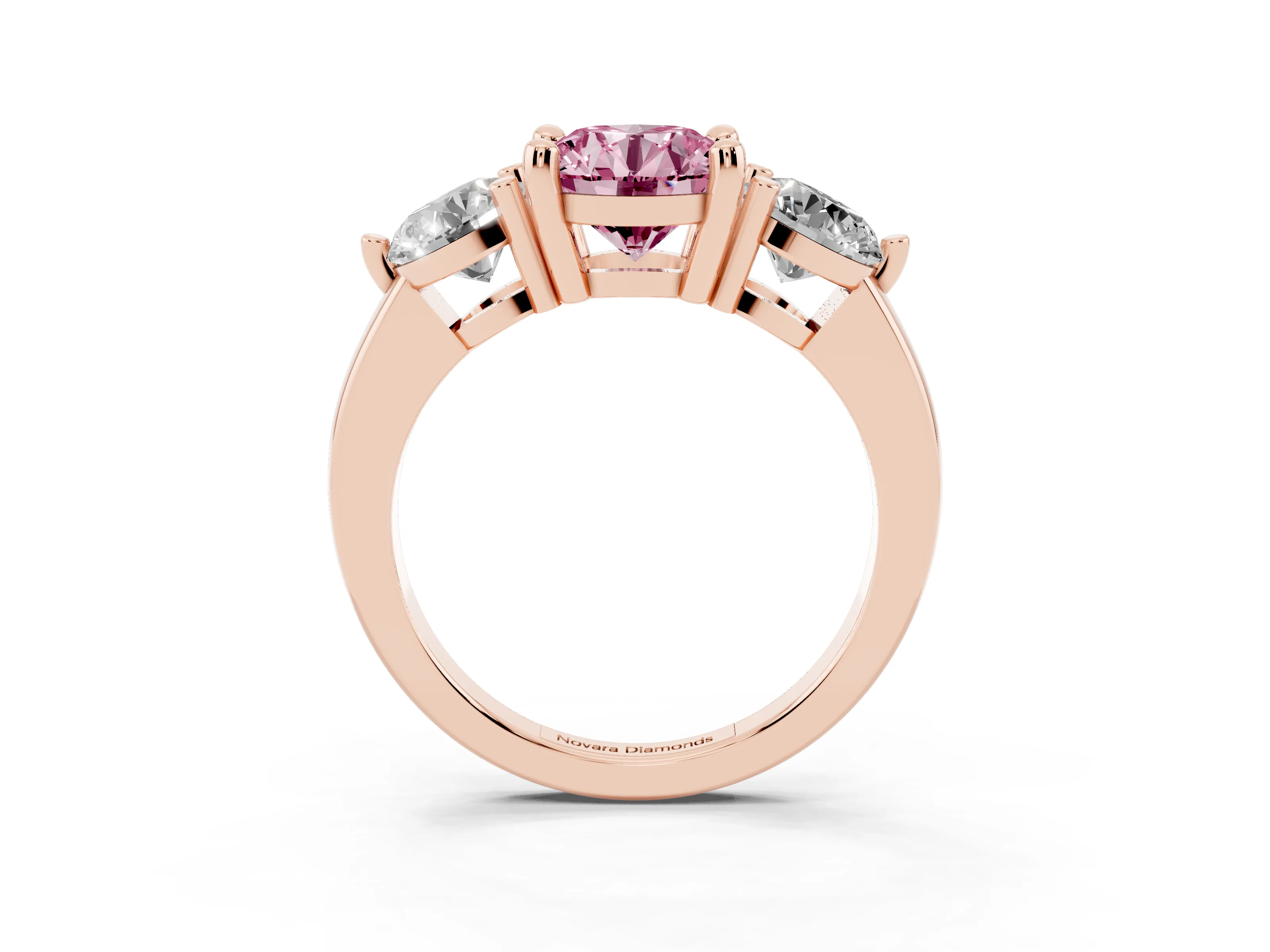 Fancy Pink Round Cut Diamond Three-Stone Ring Set in Rose gold with Prong Setting and Classic Band