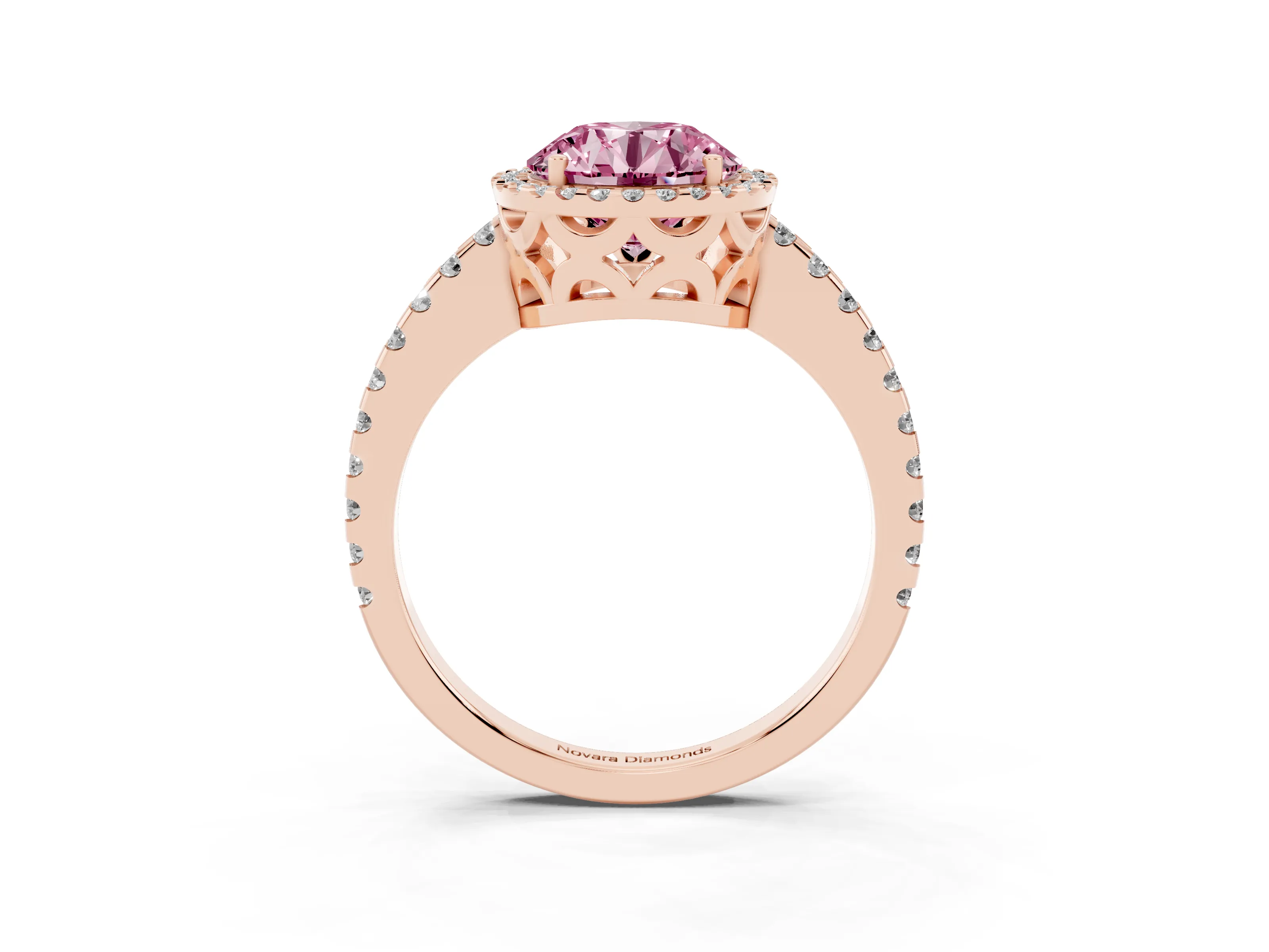 Fancy Pink Round Cut Diamond Halo Ring Set in Rose gold with Pavé Shoulders and Halo-Framed Center