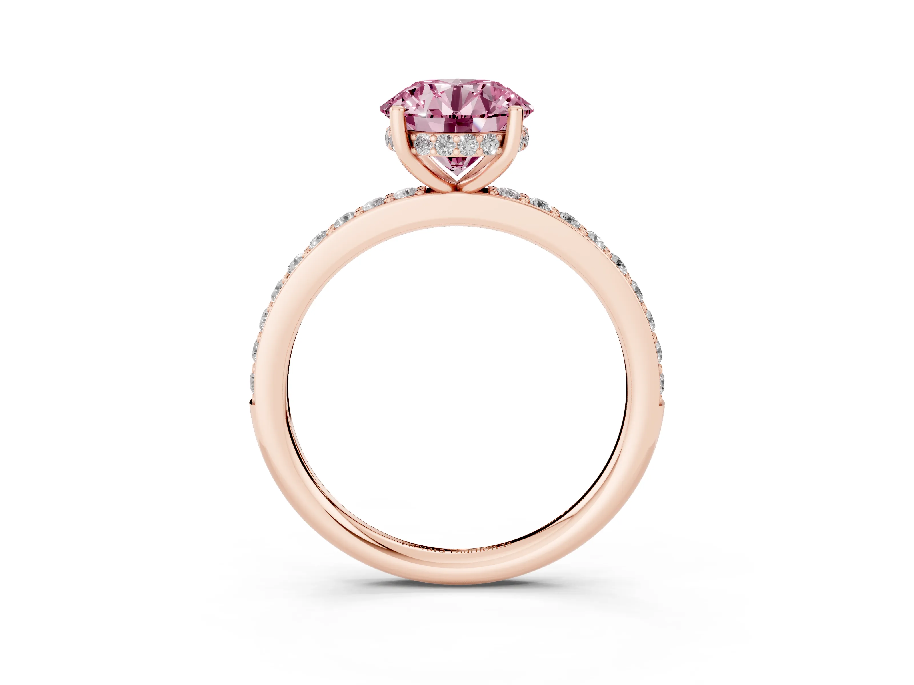 Fancy Pink Round Cut Diamond Pavé Band Ring Set in Rose gold with Prong-Set Center Stone