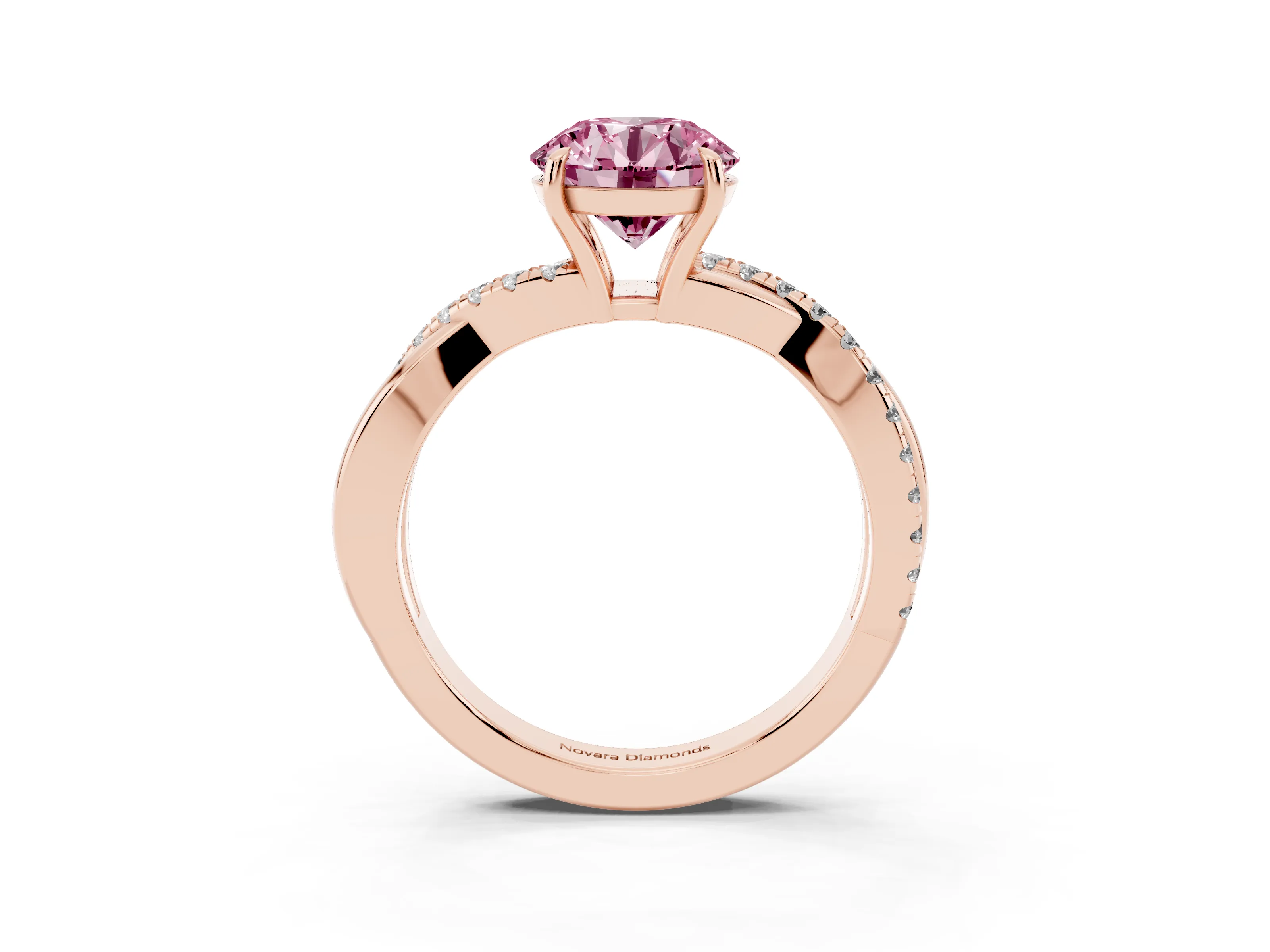 Fancy Pink Round Cut Diamond Twisted Pavé Band Ring Set in Rose gold with Prong Setting