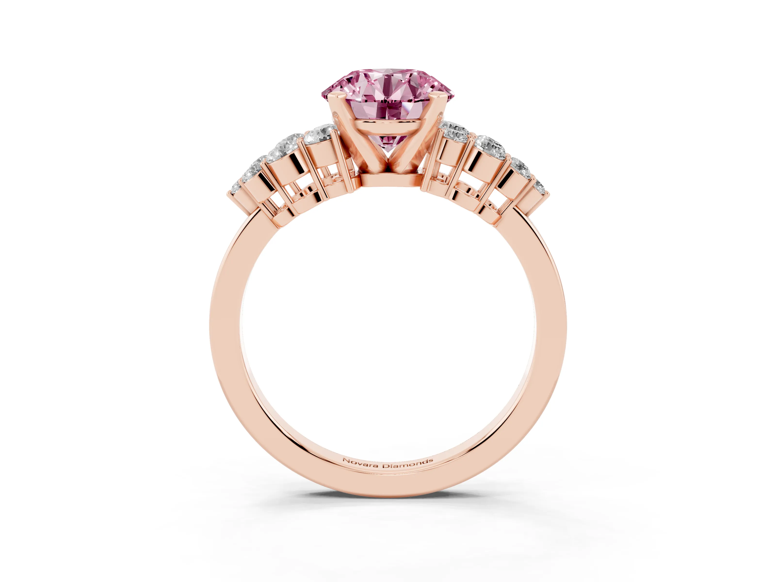 Fancy Pink Round Cut Diamond Cluster Engagement Ring Set in Rose gold with Pavé Band and Prong Setting