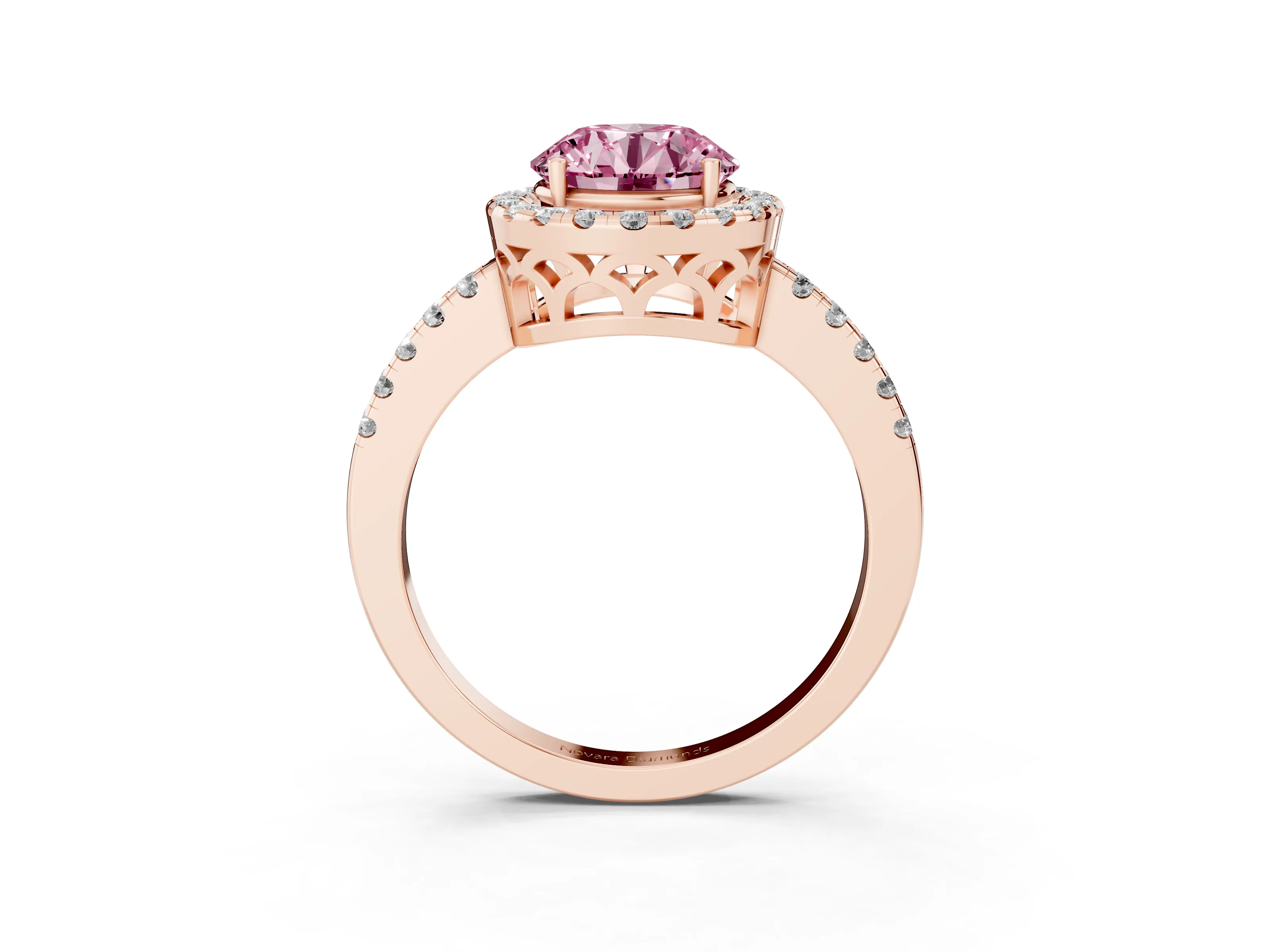 Fancy Pink Round Cut Diamond Pavé Band Halo Engagement Ring Set in Rose gold with Prong Setting