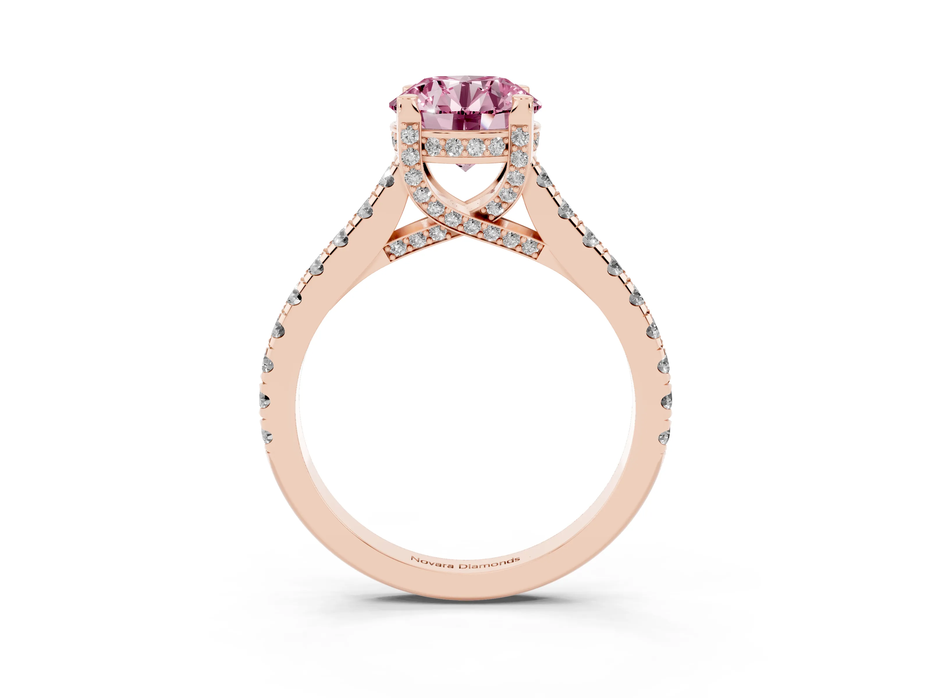 Fancy Pink Round Cut Diamond Solitaire Ring Set in Rose gold with Brilliant Pavé Band and Prong Setting