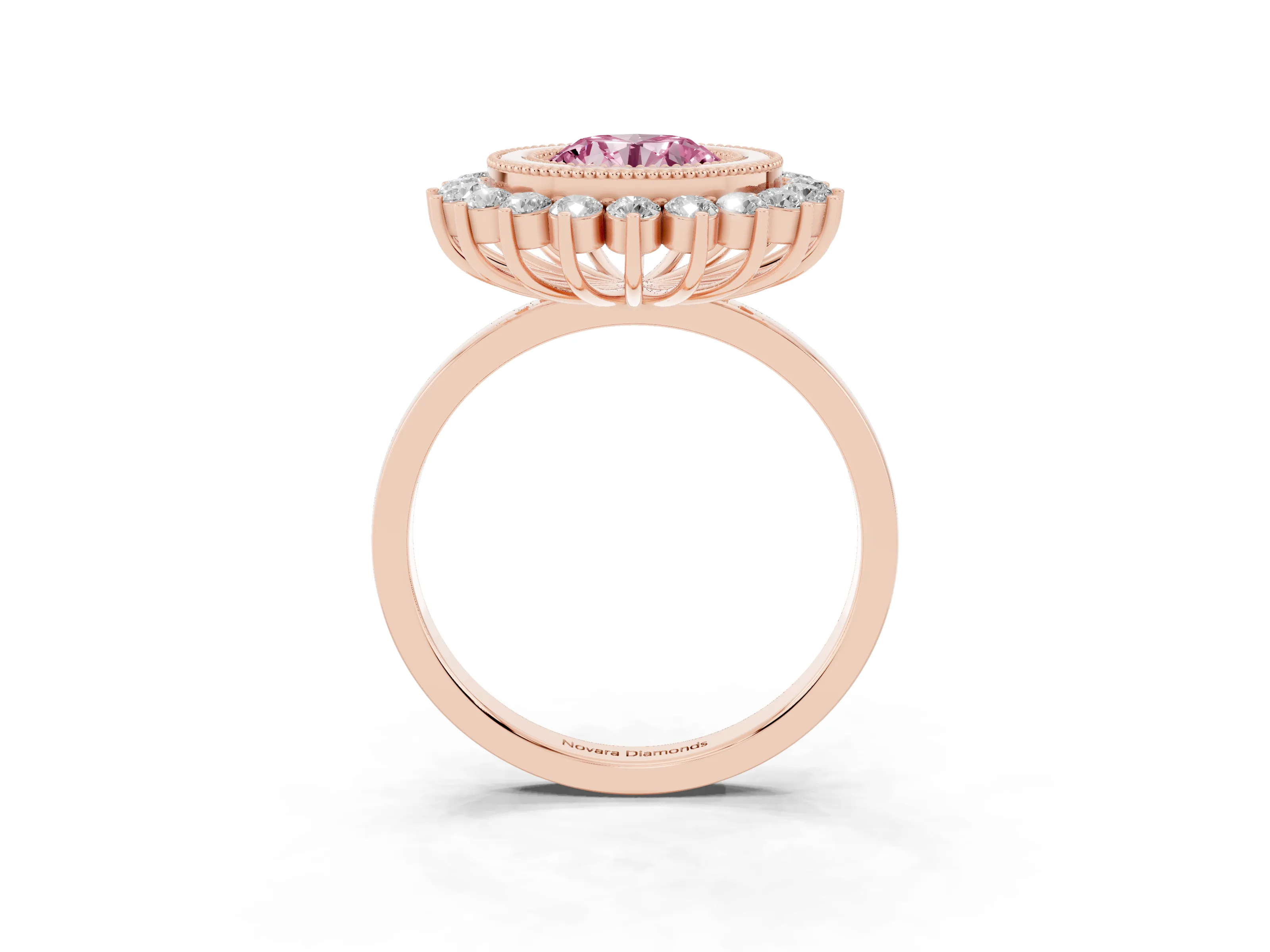 Fancy Pink Round Cut Diamond Halo Ring Set in Rose gold with Milgrain Edge and Round Prong Setting