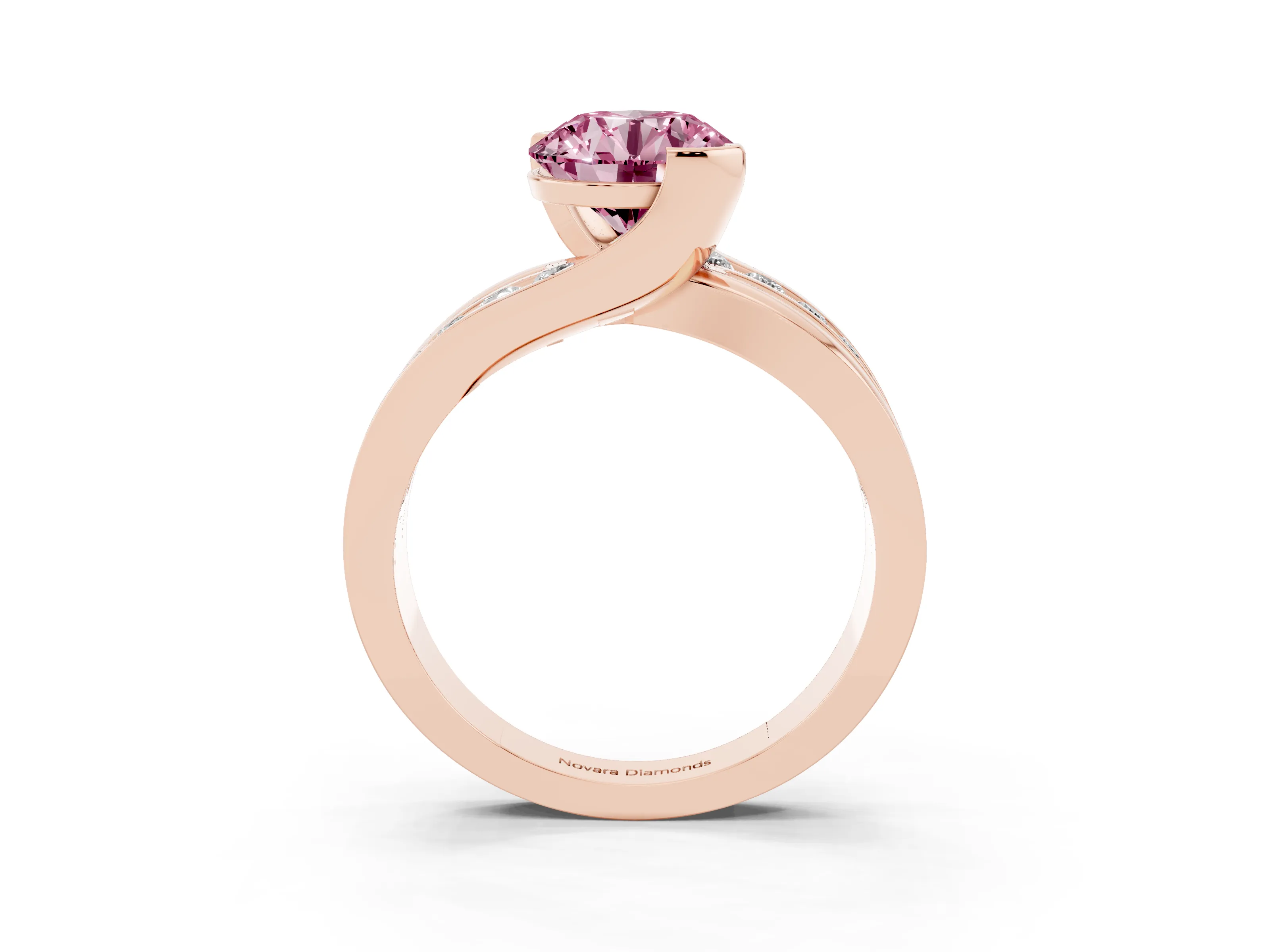 Fancy Pink Round Cut Diamond Solitaire Ring Set in Rose gold with Channel Set Split Shank and Tension Prongs