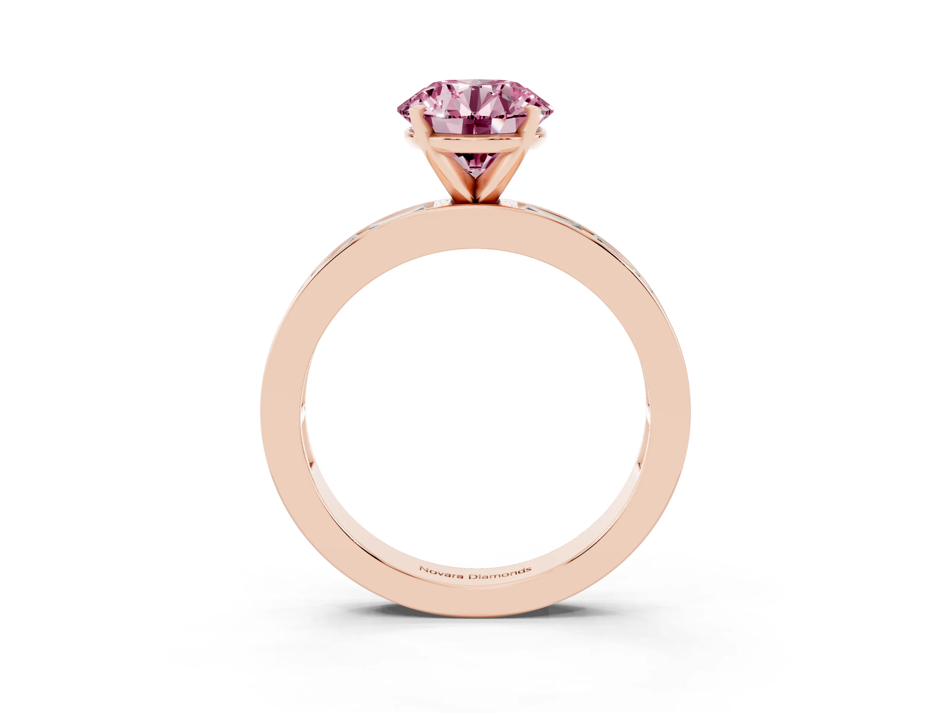 Fancy Pink Round Cut Diamond Solitaire Ring Set in Rose gold with Channel-Set Baguette Band and Prong Setting