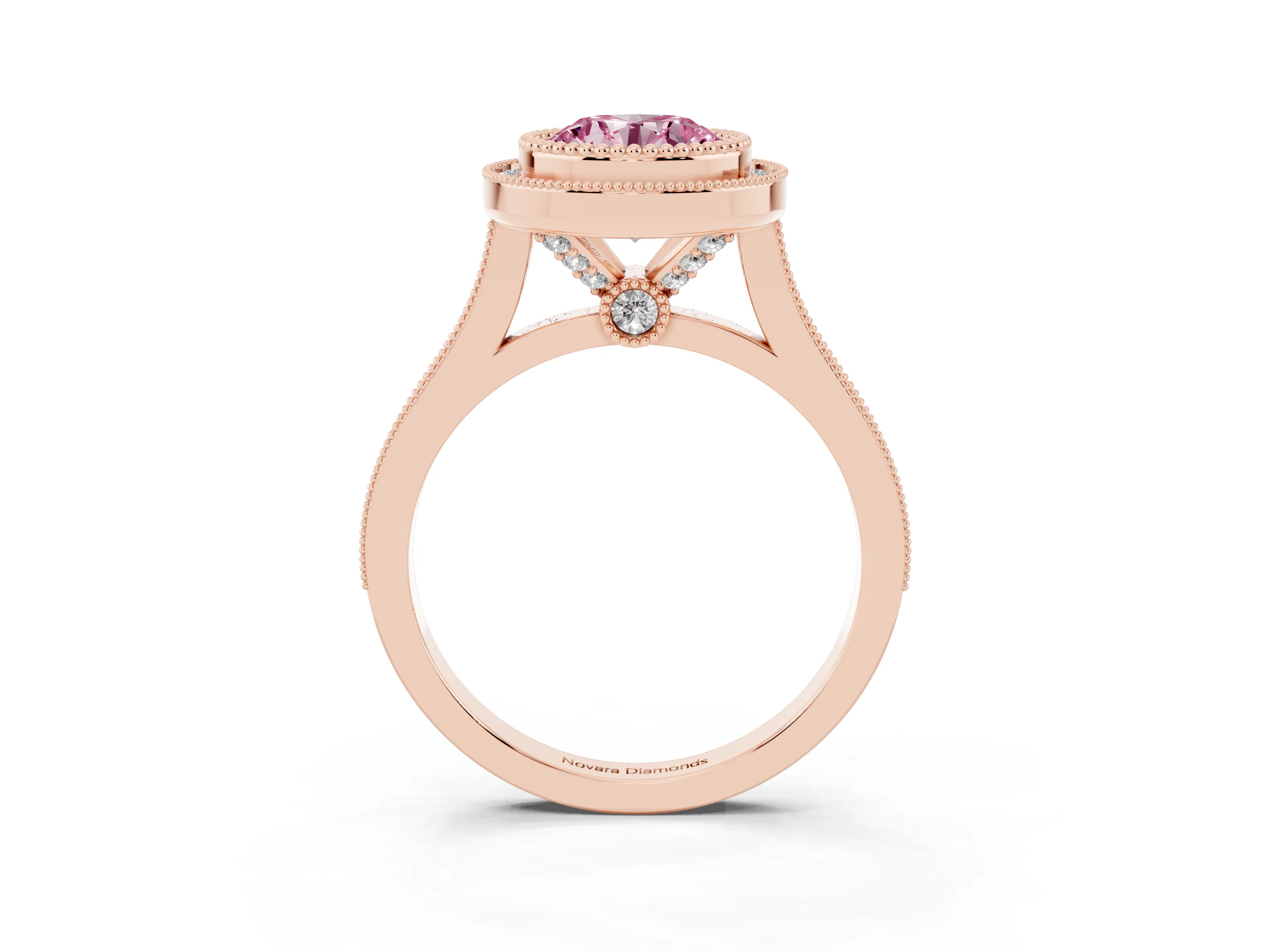 Fancy Pink Round Cut Diamond Halo Ring Set in Rose gold with Milgrain Frame and Pavé Band