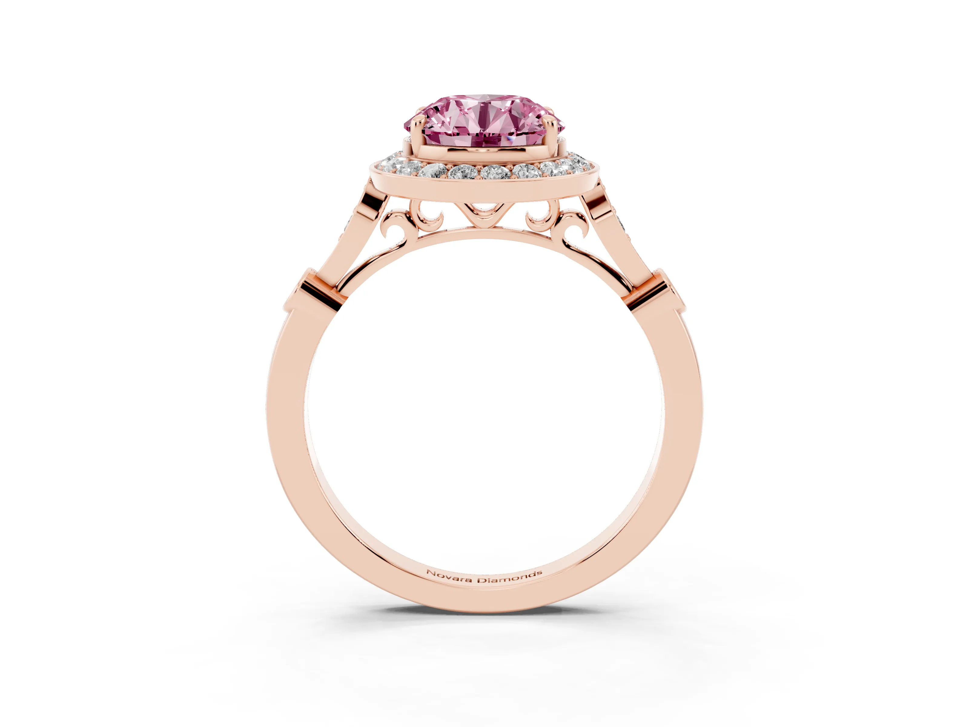 Fancy Pink Round Cut Diamond Halo Engagement Ring Set in Rose gold with Twisted Band and Prong Setting