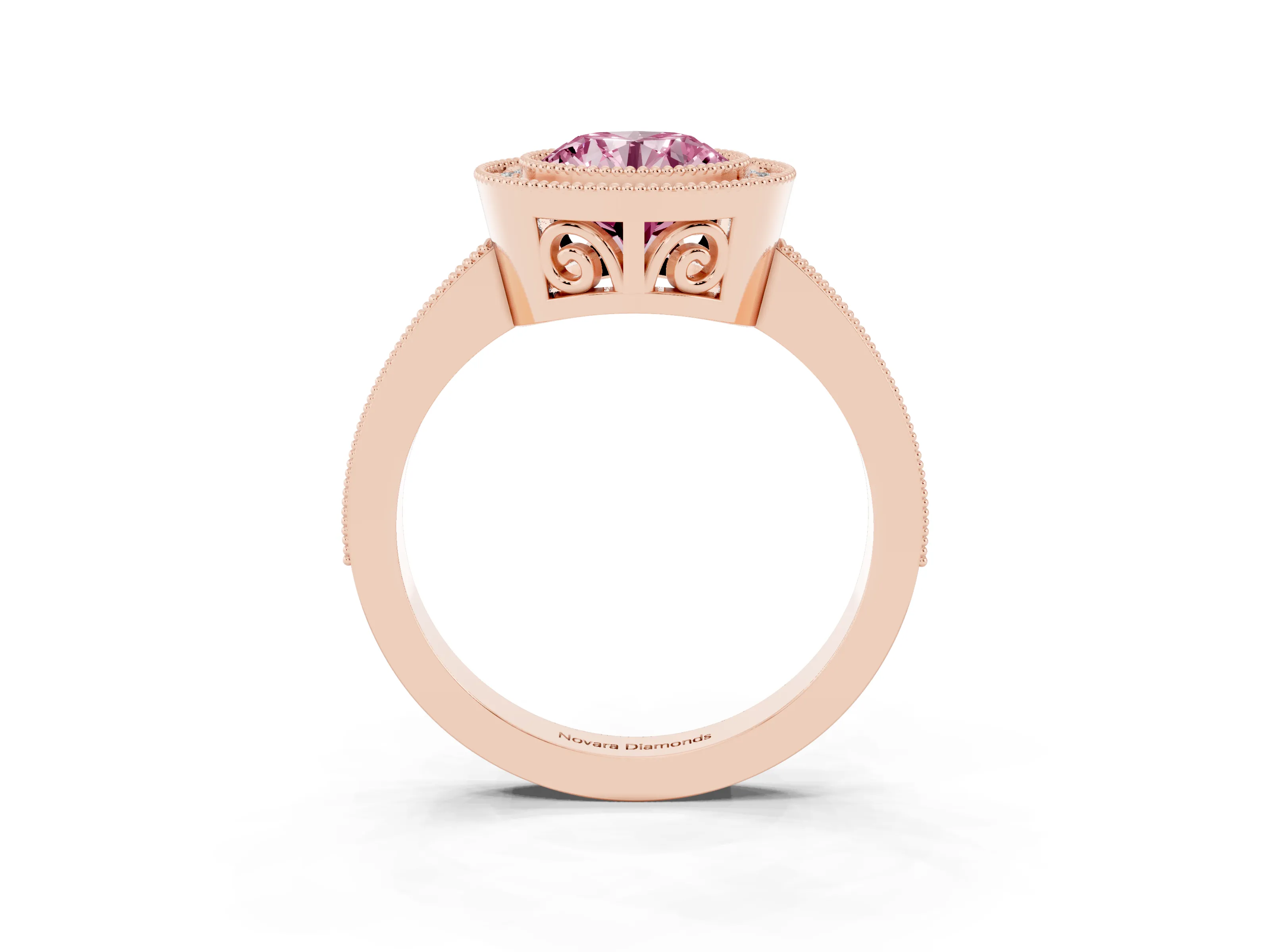 Fancy Pink Round Cut Diamond Round Halo Ring Set in Rose gold with Pavé Band