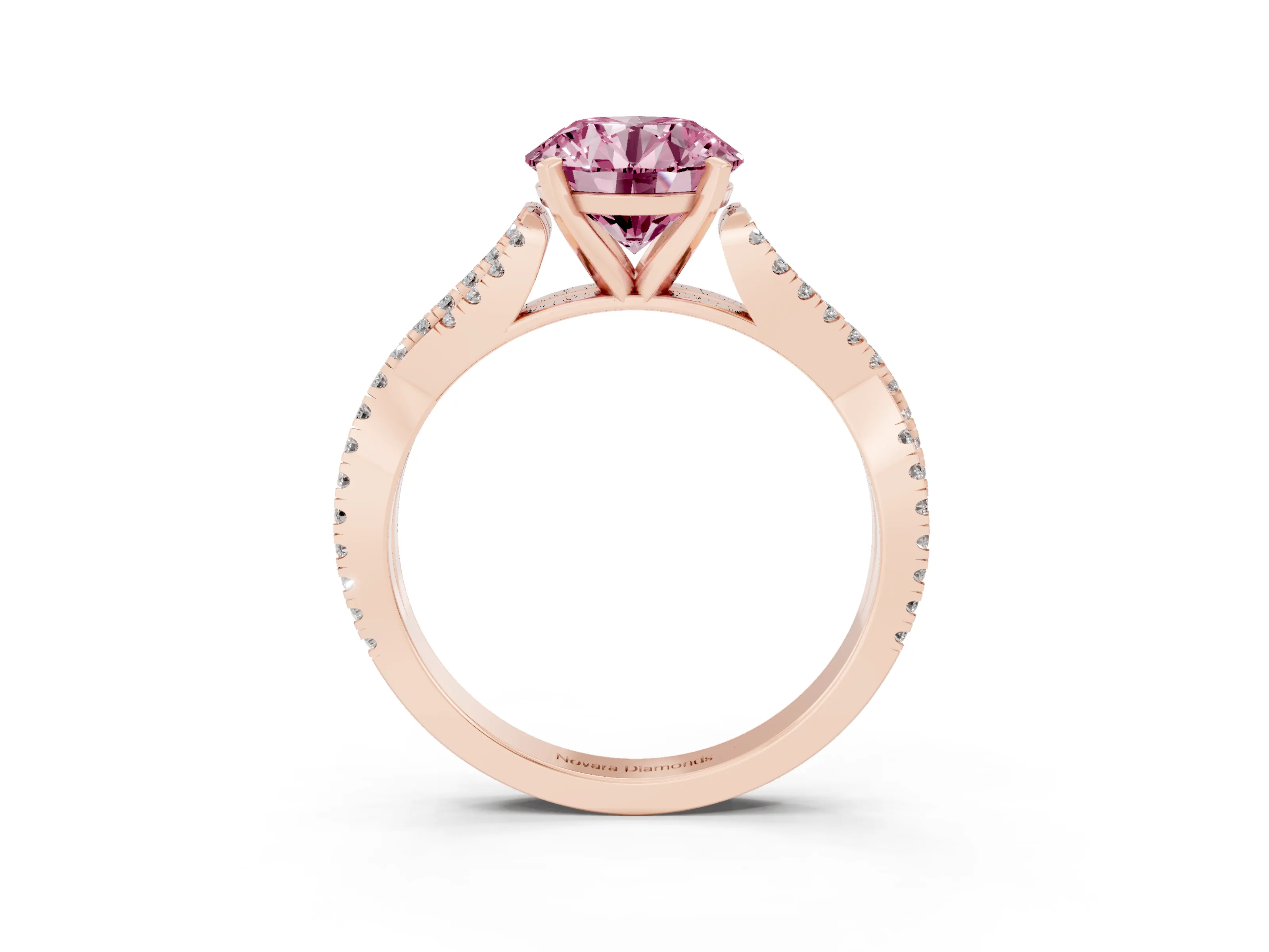 Fancy Pink Round Cut Diamond Solitaire Engagement Ring Set in Rose gold with Twisted Pavé Band and Prong Setting