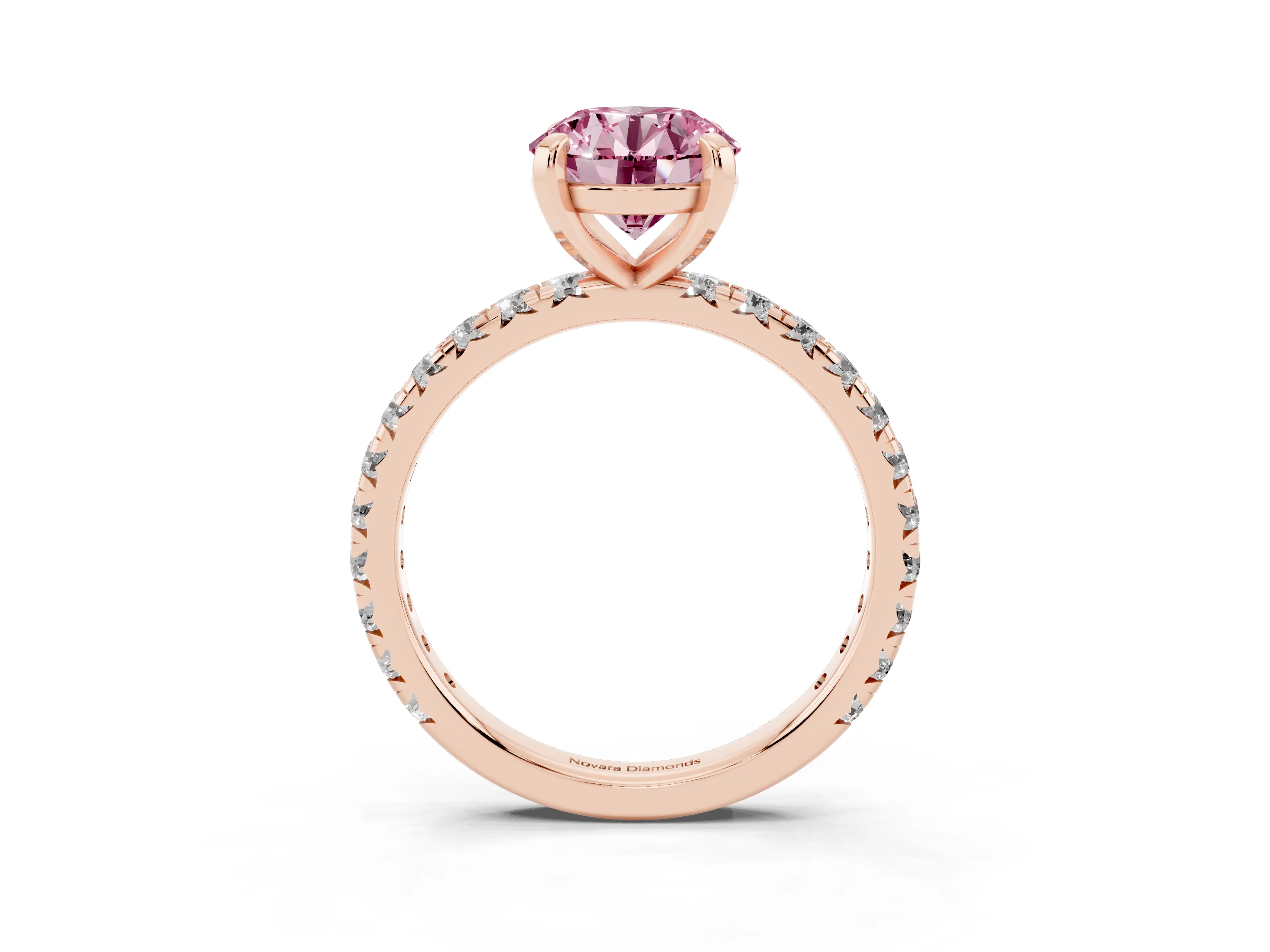 Fancy Pink Round Cut Diamond Pavé Solitaire Ring Set in Rose gold with Round Band and Prong Setting