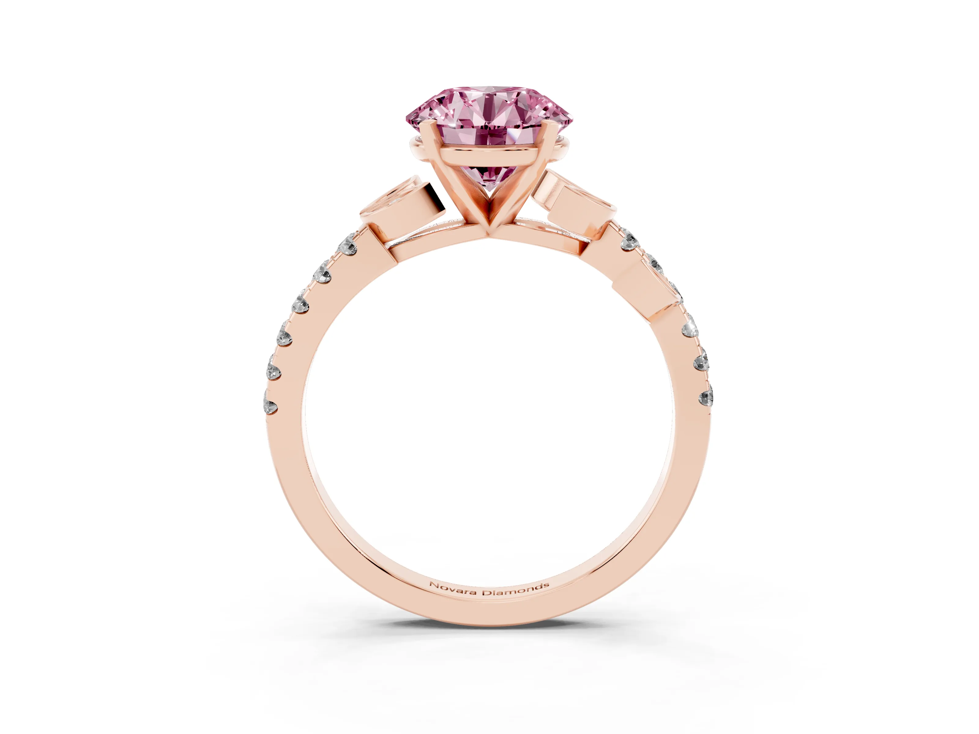 Fancy Pink Round Cut Diamond Solitaire Leaf-Inspired Ring Set in Rose gold with Pavé Band and Prong Setting