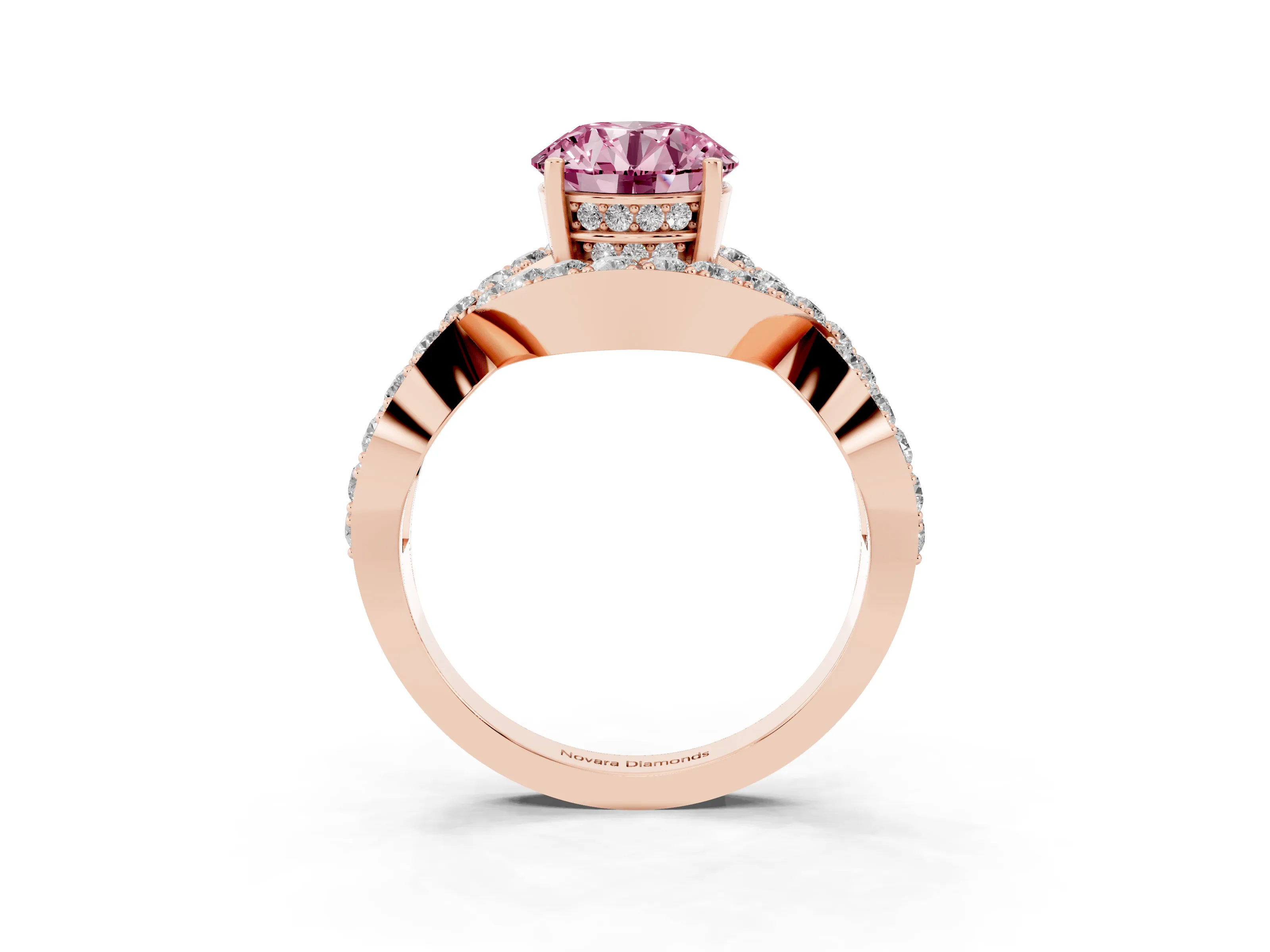 Fancy Pink Round Cut Diamond Solitaire Twist Band Pavé Engagement Ring Set in Rose gold