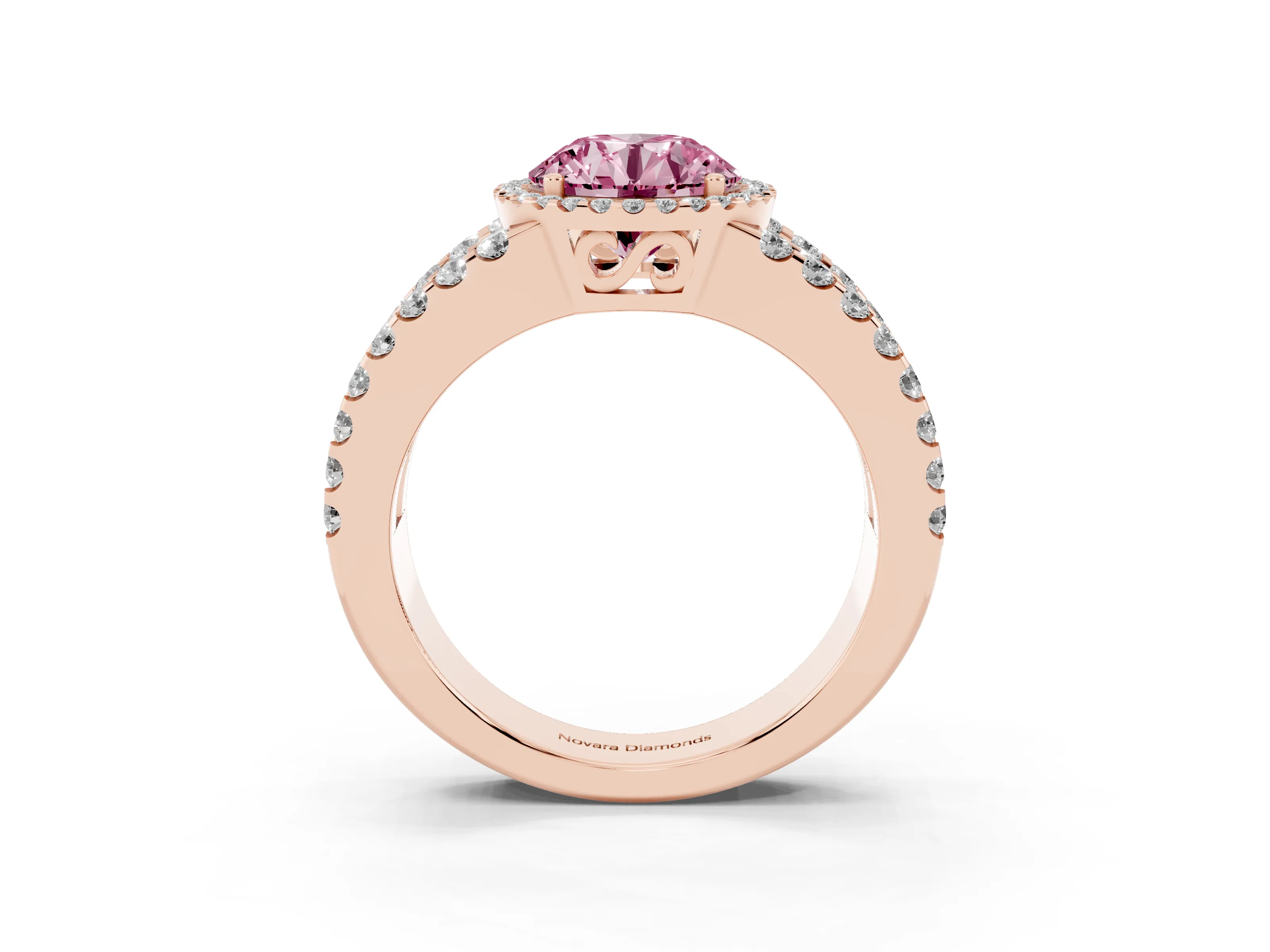 Fancy Pink Round Cut Diamond Halo Ring Set in Rose gold with Pavé Split Shank and Prong Setting