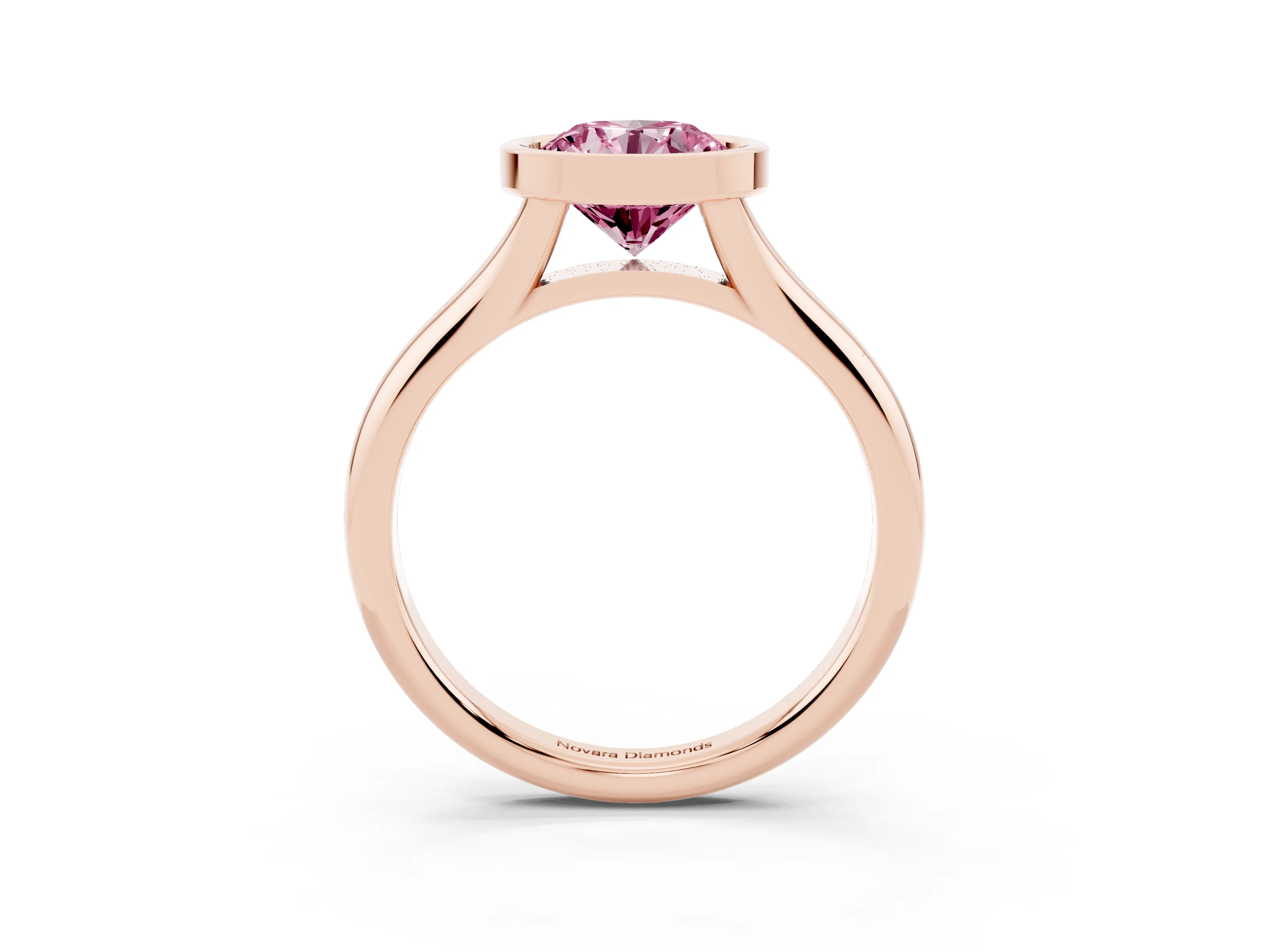 Fancy Pink Bezel Set Round Cut Diamond Solitaire Ring Set in Rose gold with Smooth Band