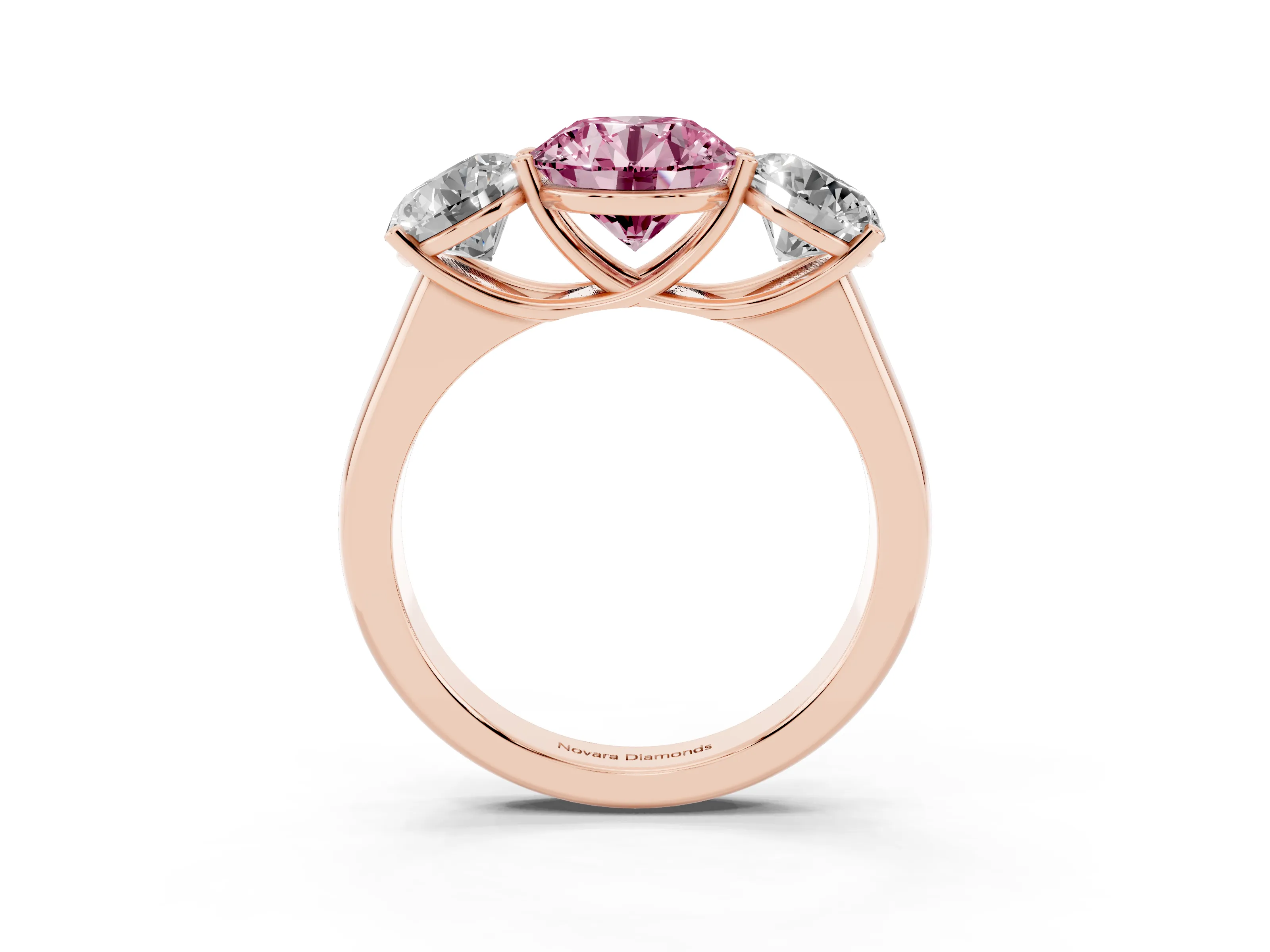 Fancy Pink Round Cut Diamond Three-Stone Ring Set in Rose gold with Plain Polished Band