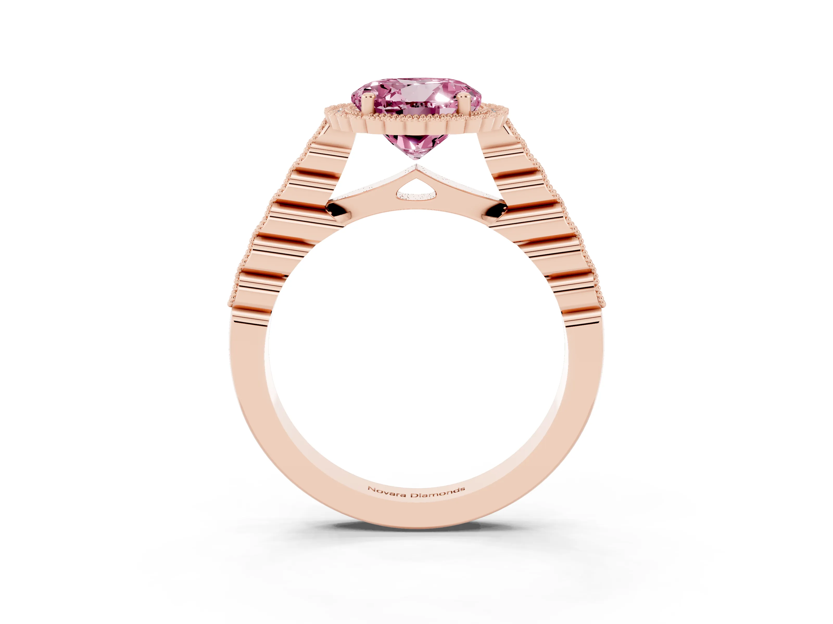 Fancy Pink Round Cut Diamond Halo Ring Set in Rose gold with Pavé Milgrain Band