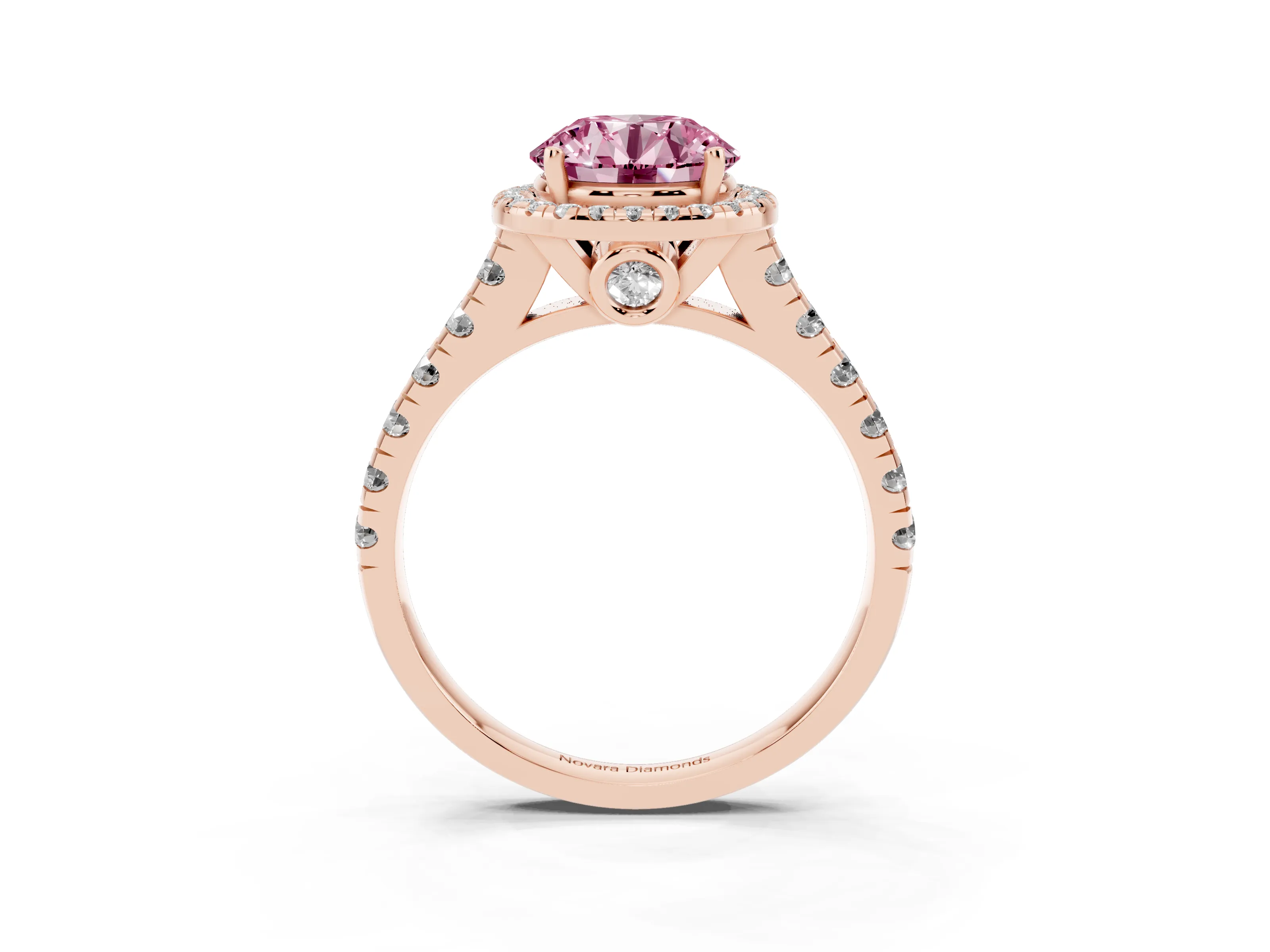 Fancy Pink Round Cut Diamond Halo Engagement Ring Set in Rose gold with Pavé Band and Prong-Set Center