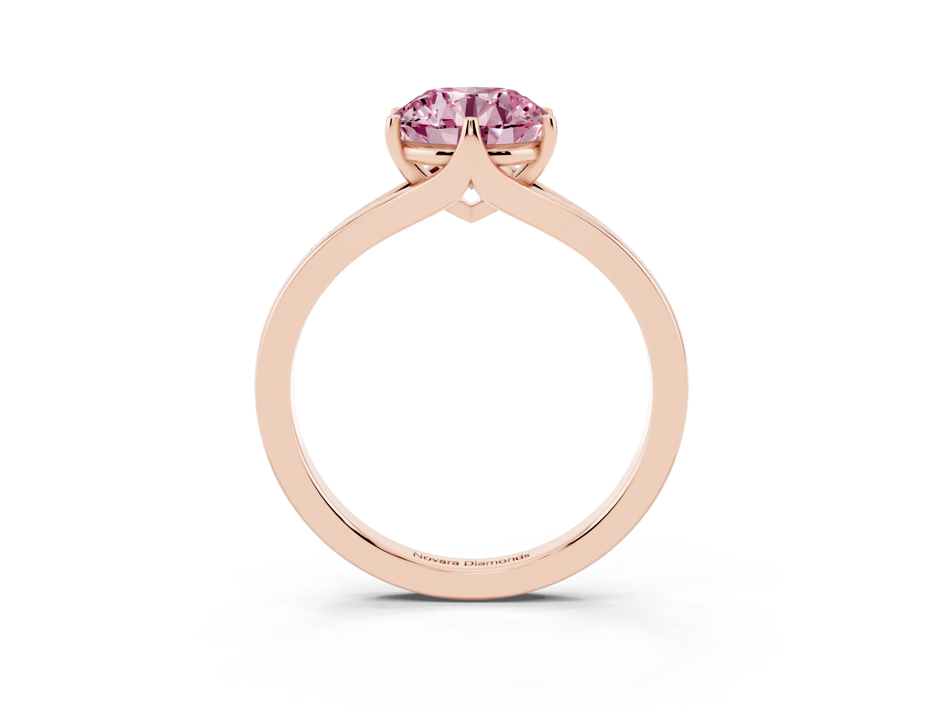 Fancy Pink Round Cut Diamond Solitaire Ring Set in Rose gold with Polished Tapered Band and Prong Setting