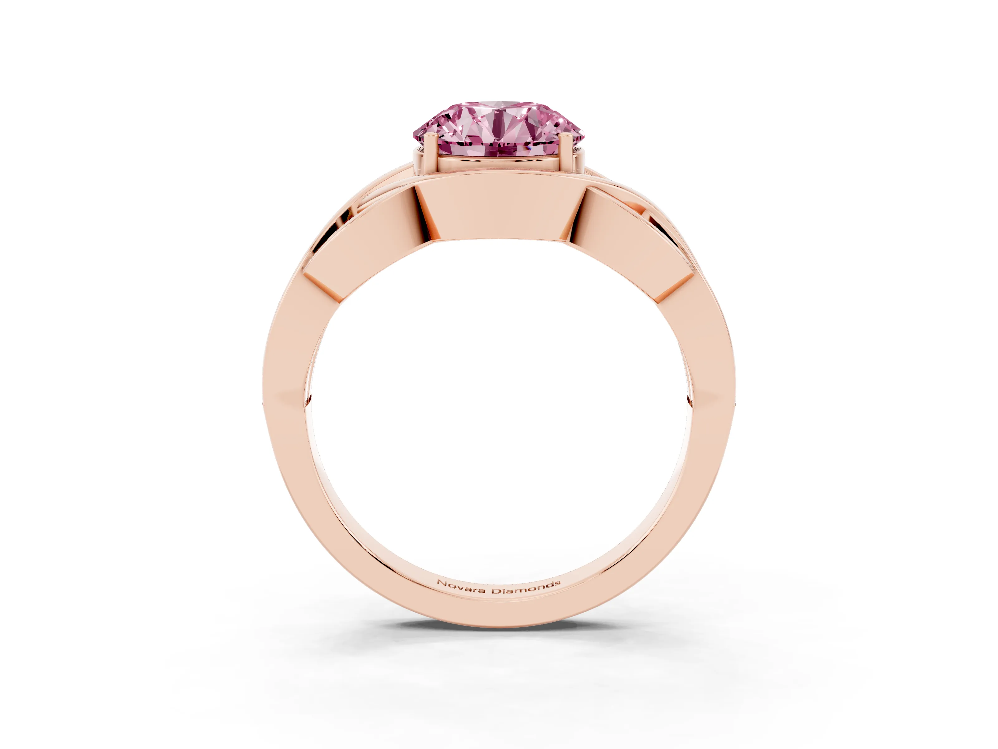 Fancy Pink Round Cut Diamond Solitaire Ring Set in Rose gold with Intertwined Band