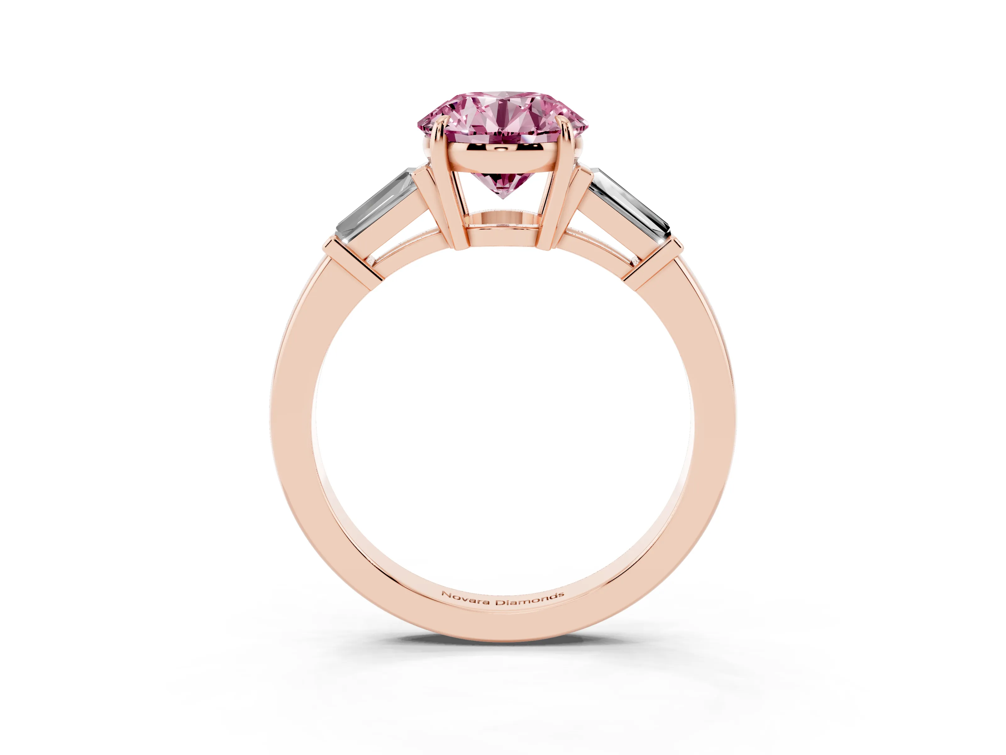 Fancy Pink Round Cut Diamond Three-Stone Ring Set in Rose gold with Tapered Baguette Side Stones and Prong Setting