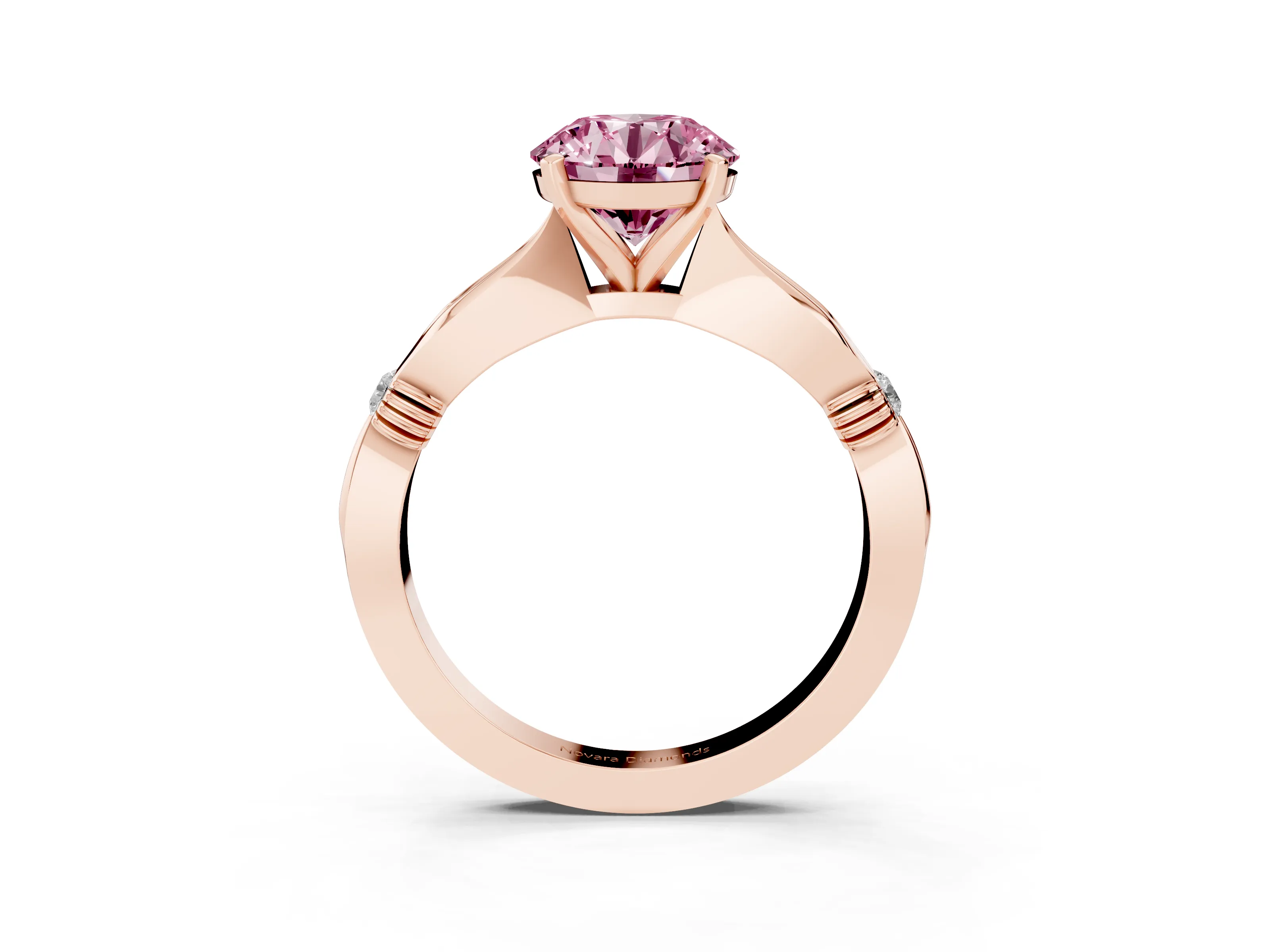 Fancy Pink Round Cut Diamond Solitaire Twisted Band Ring Set in Rose gold with Accent Stones and Prong Setting