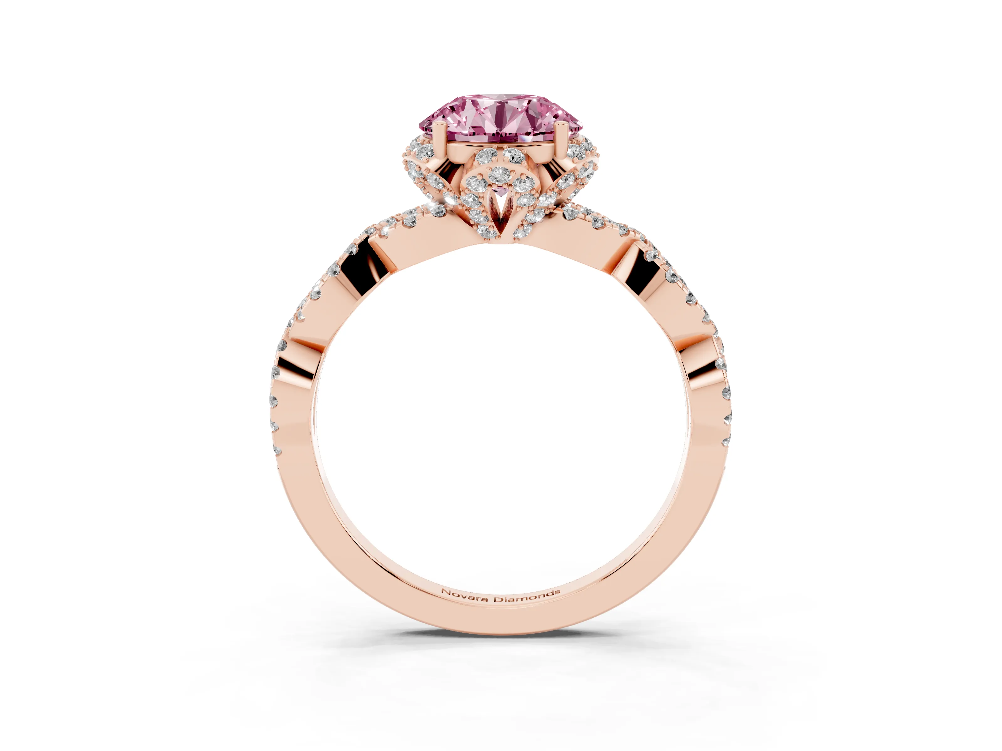 Fancy Pink Round Cut Diamond Halo Twist Band Solitaire Ring Set in Rose gold with Prong-Set Center Stone