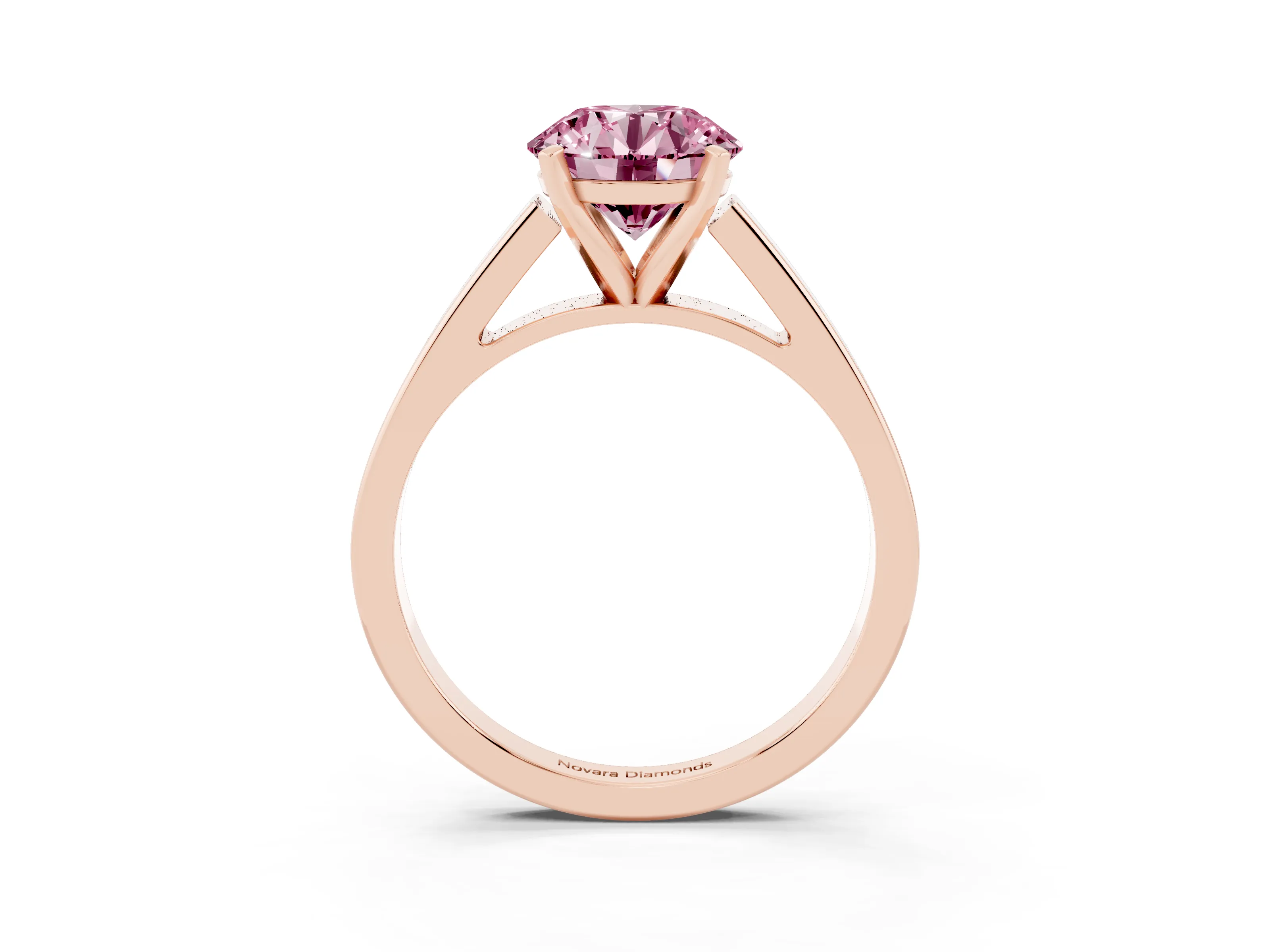 Fancy Pink Round Cut Diamond Solitaire Engagement Ring Set in Rose gold with Prong Setting and Tapered Band