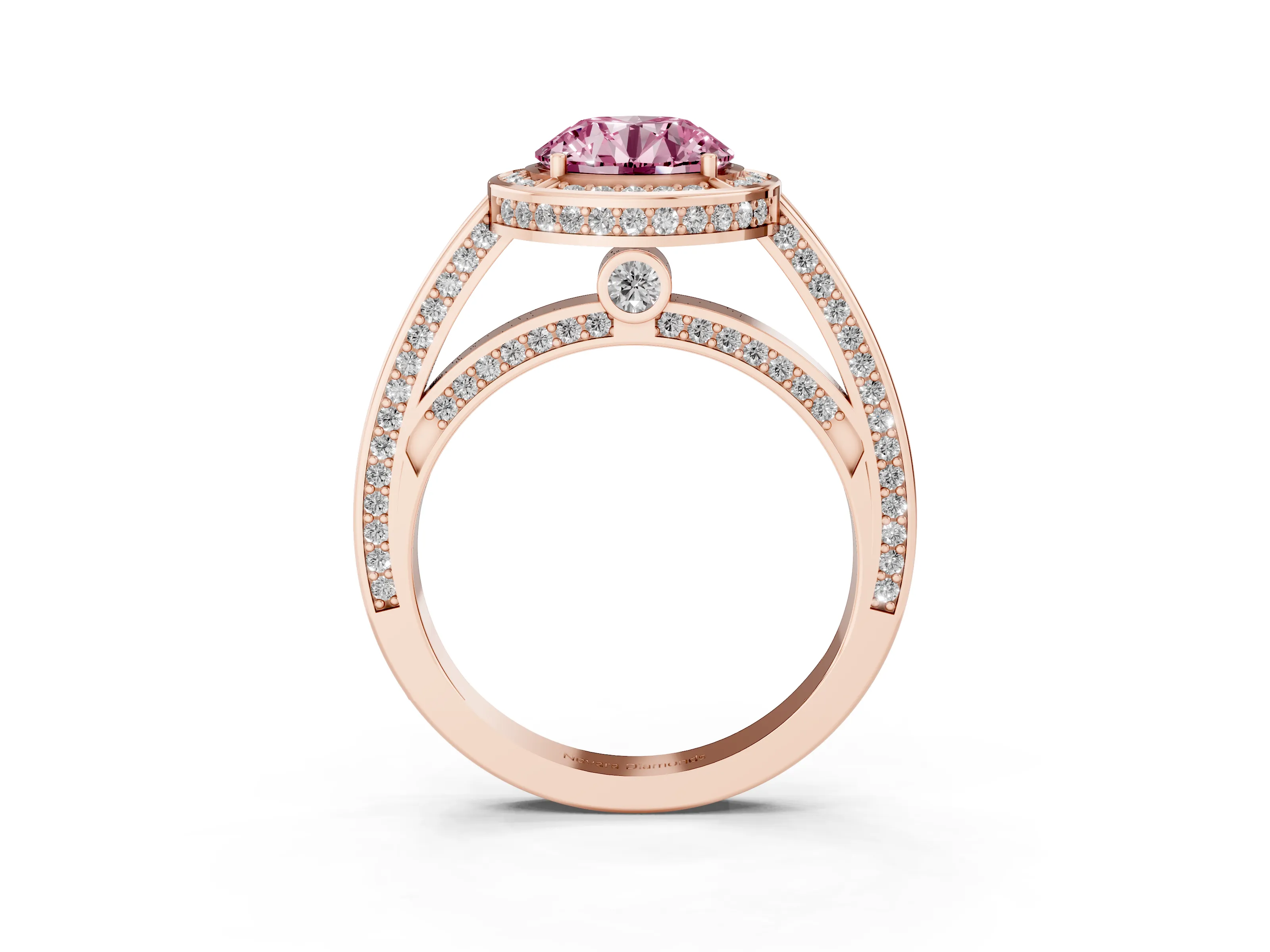 Fancy Pink Round Cut Diamond Halo Pavé Split Shank Ring Set in Rose gold with Prong Setting