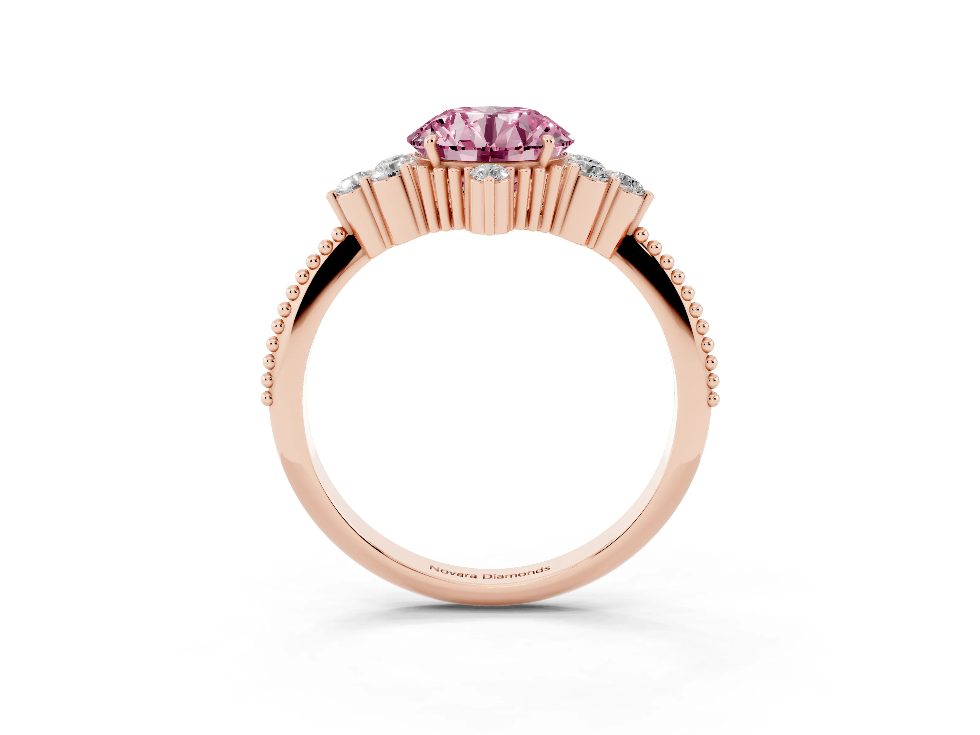 Fancy Pink Round Cut Diamond Cluster Ring Set in Rose gold with Beaded Band
