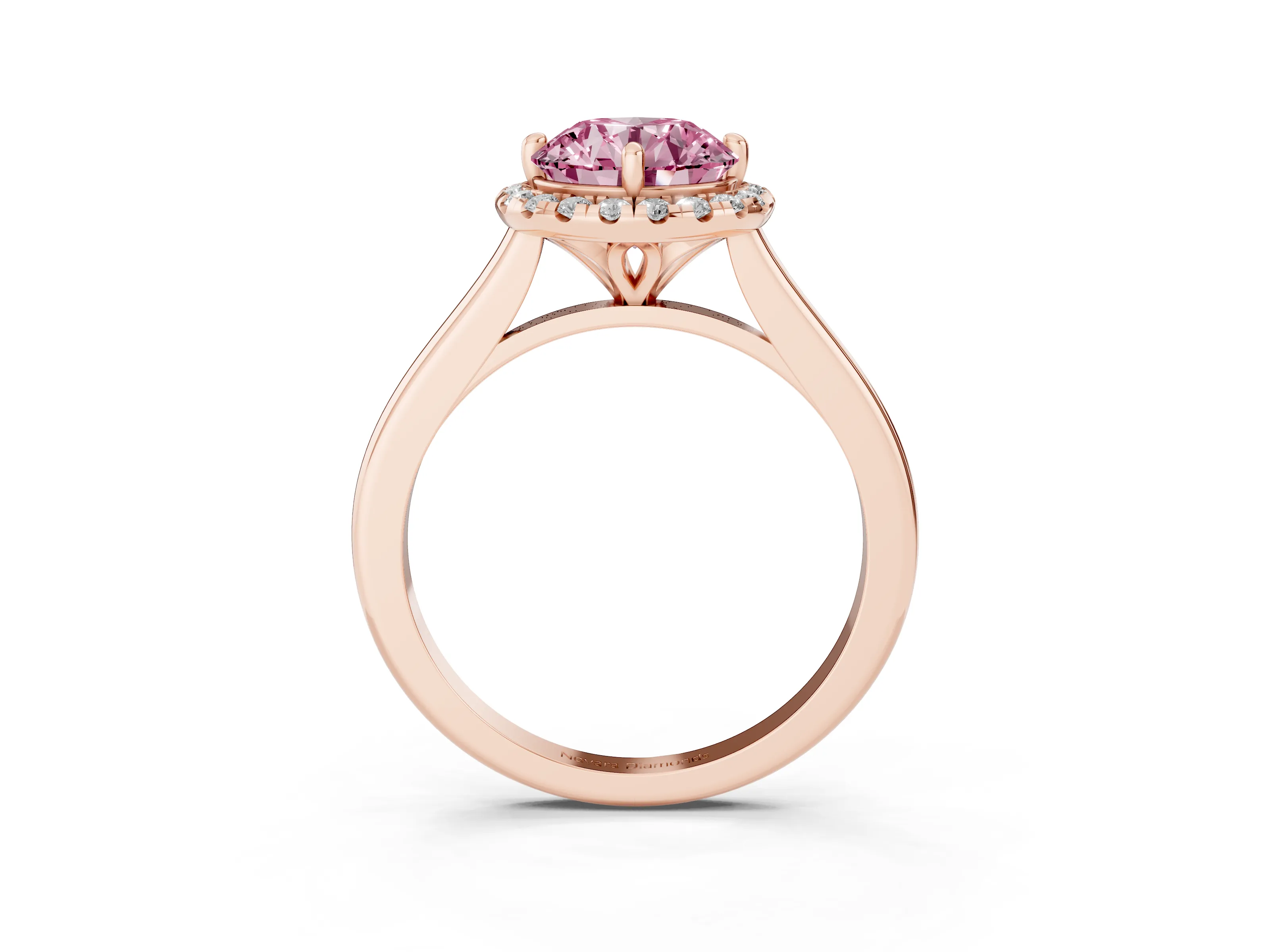 Fancy Pink Round Cut Diamond Halo Engagement Ring Set in Rose gold with Pavé Band and Rising Shoulders