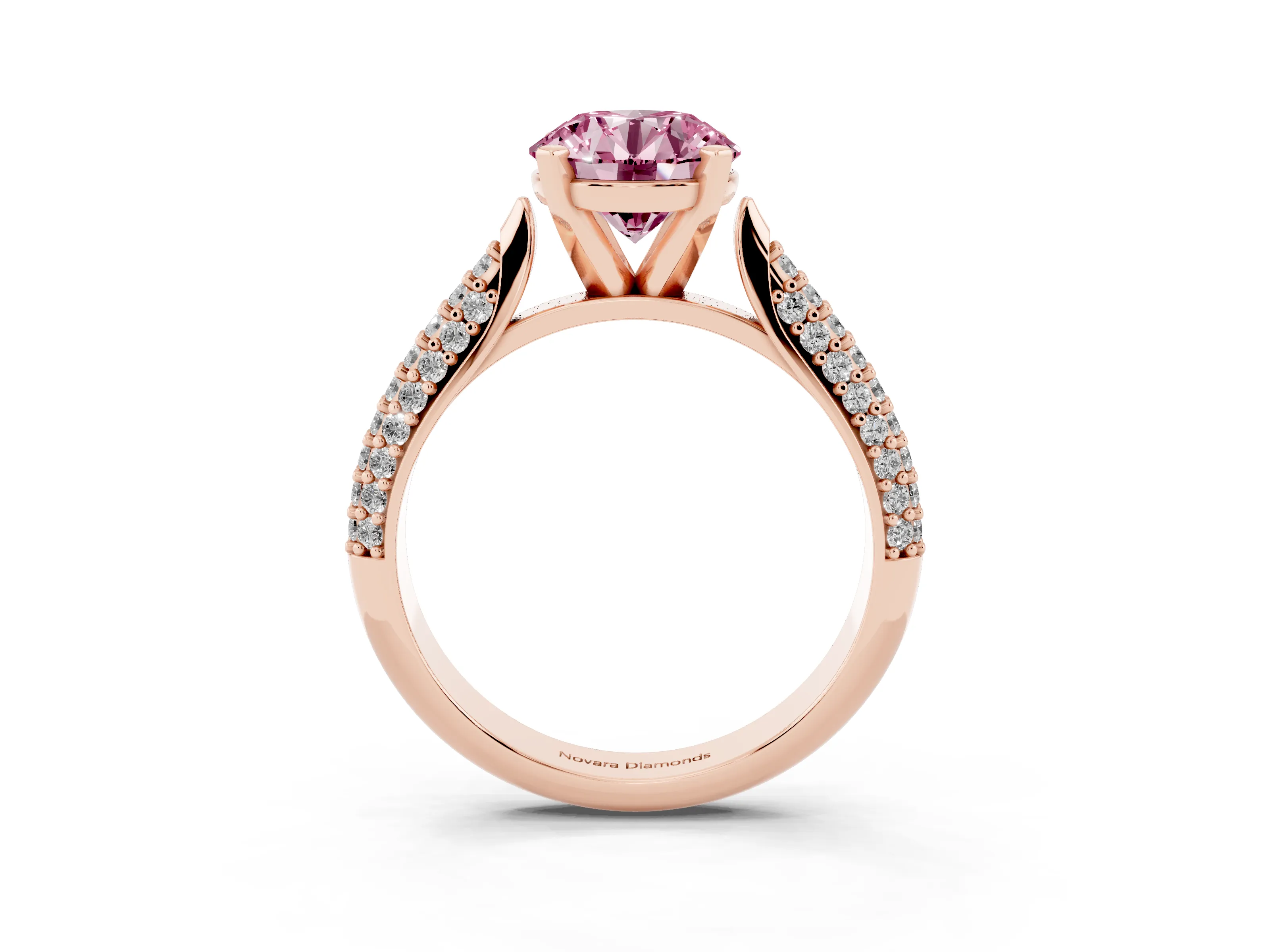 Fancy Pink Round Cut Diamond Solitaire Engagement Ring Set in Rose gold with Multi-Row Round Pavé Band and Prong Setting