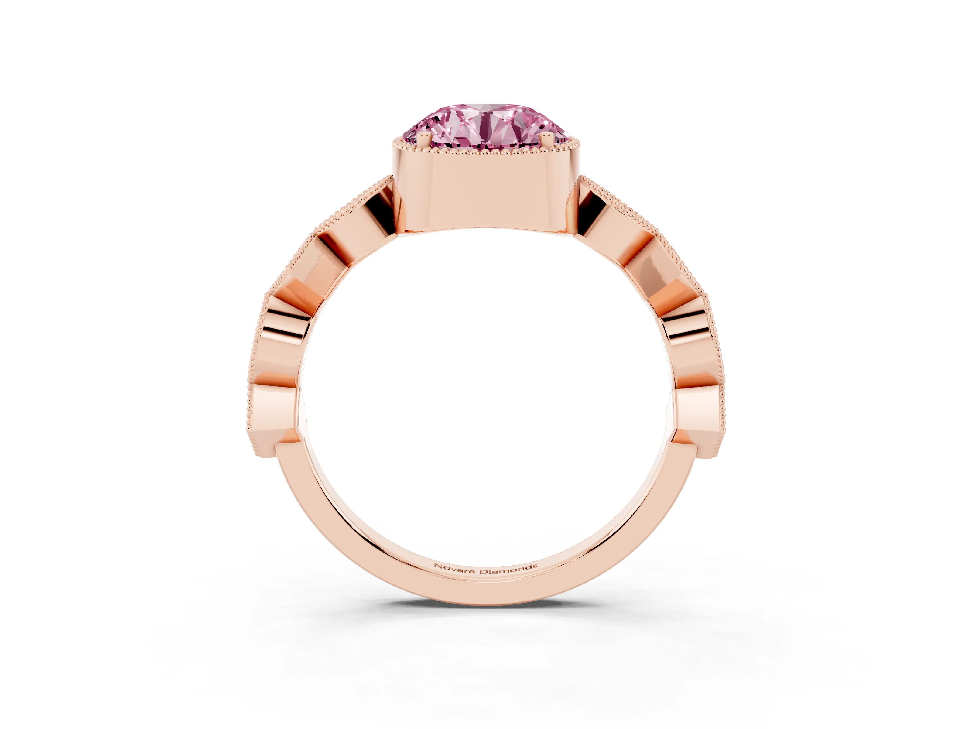 Fancy Pink Round Cut Diamond Milgrain Marquise Twist Band Ring Set in Rose gold with Prong Setting
